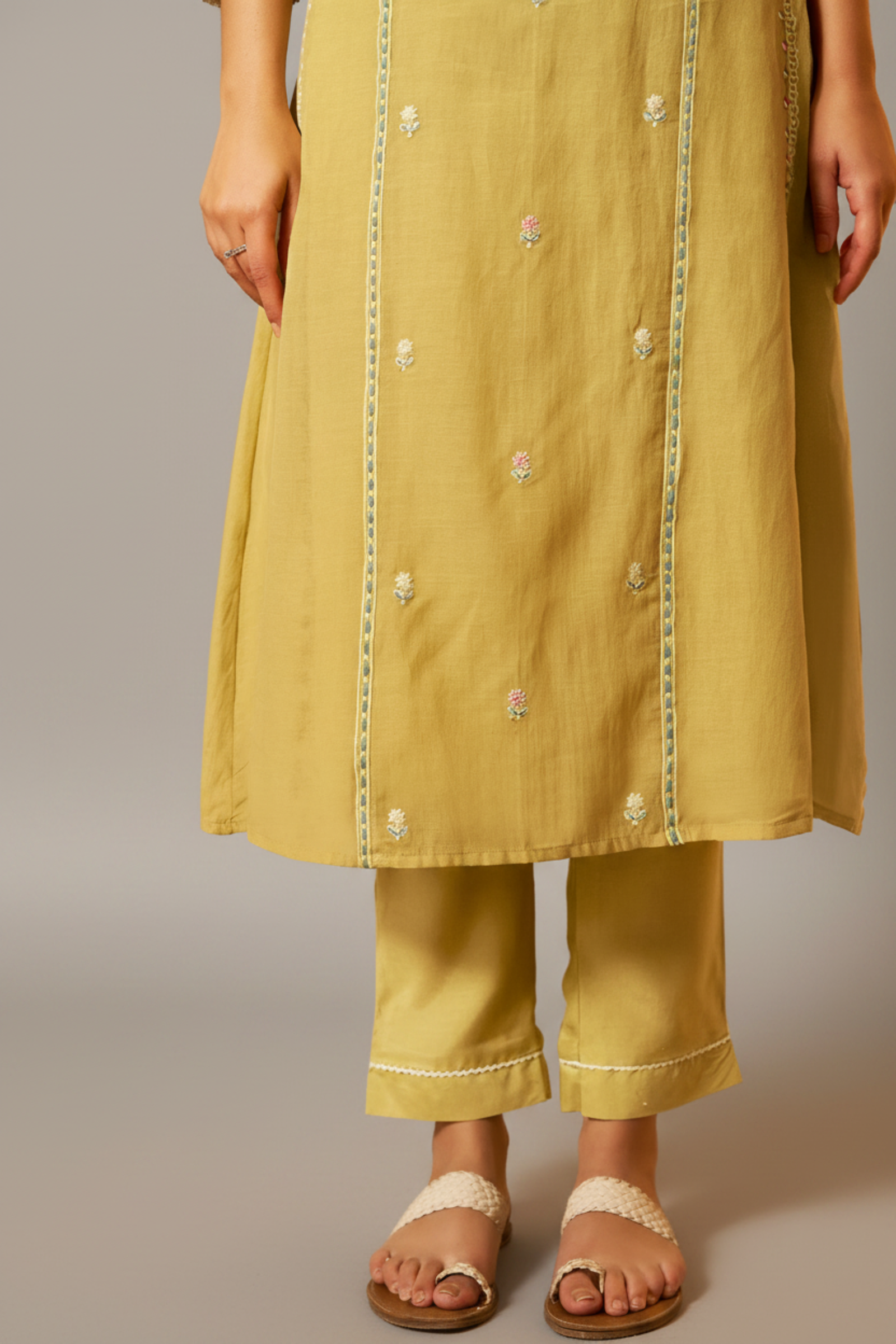 Sunlit Ochre Mul Chanderi A-Line Embroidery Kurta Set