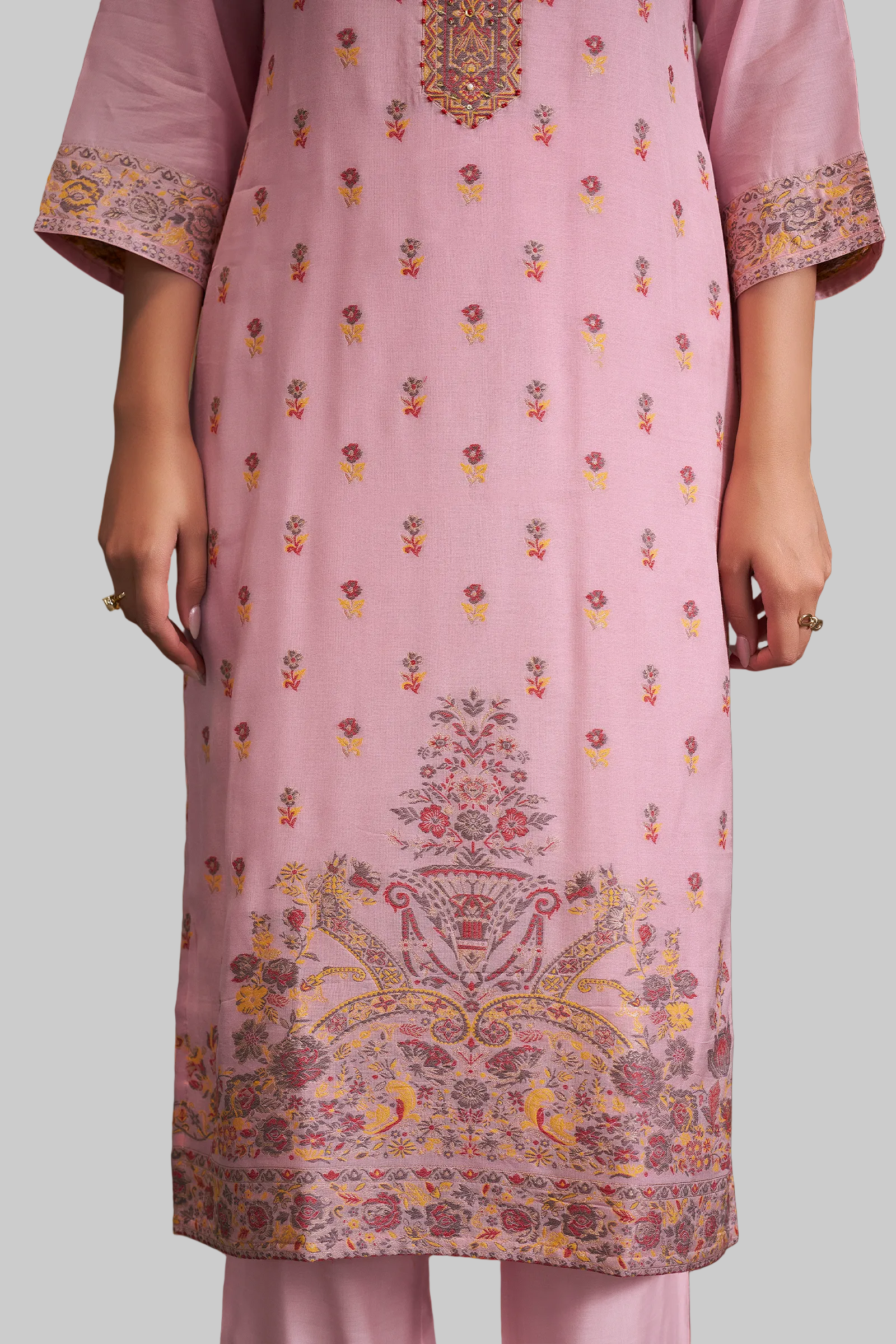 Rose Quartz Pink Chanderi Multi-Meena Work Jacquard Kurta Set