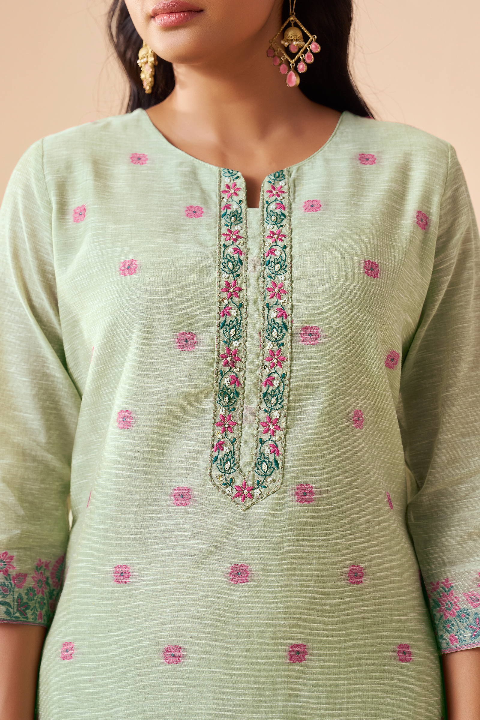 Blooming Pistachio Linen Chanderi Jacquard Kurta Set
