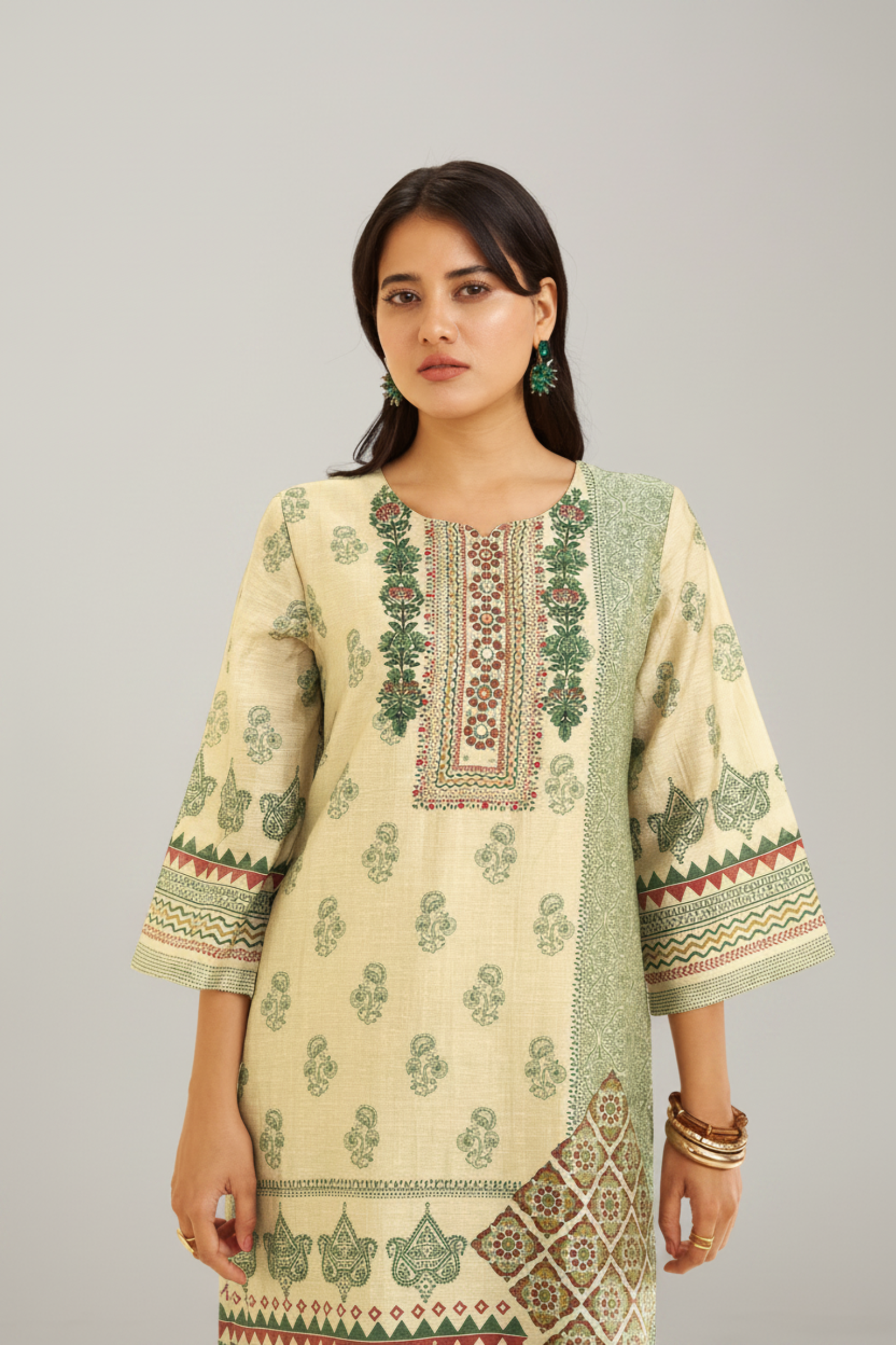 Pistachio Sage Shimmer linen Digital printed Kurta Set