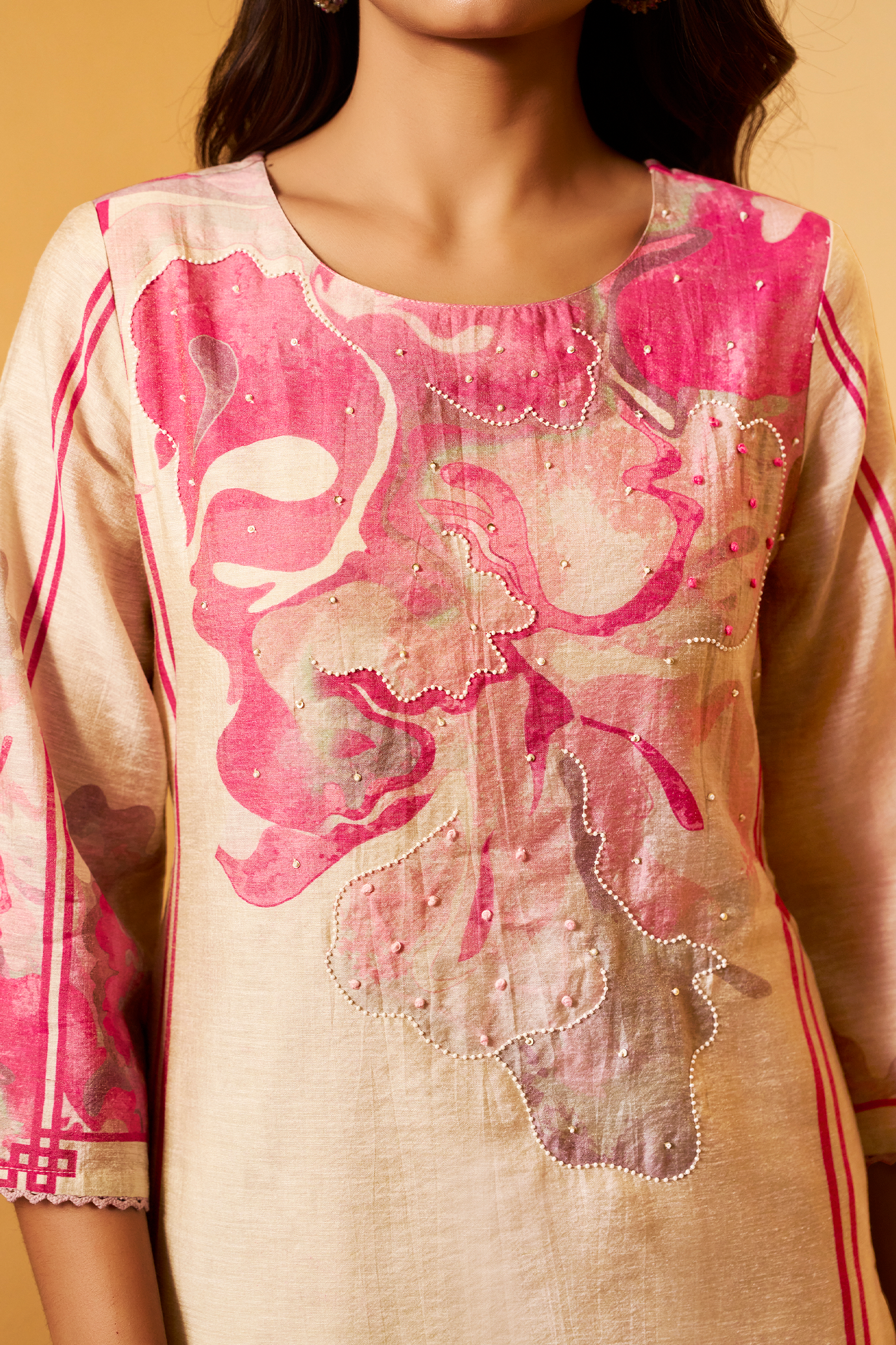 Beige Bloom Shimmer Linen Digital Print Kurta Set