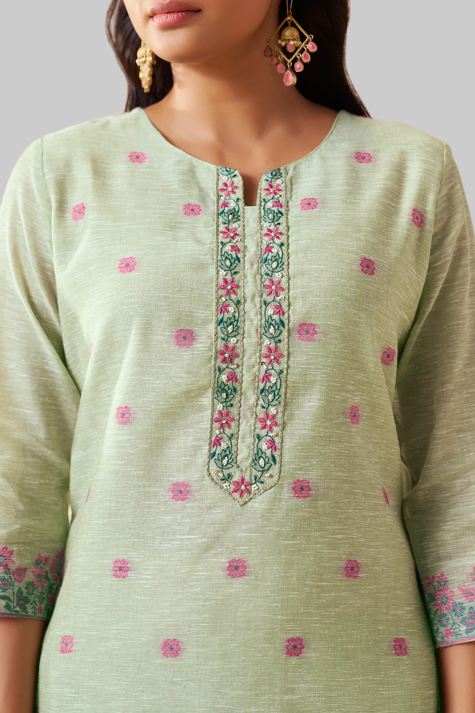 Blooming Pistachio Linen Chanderi Jacquard Kurta Set