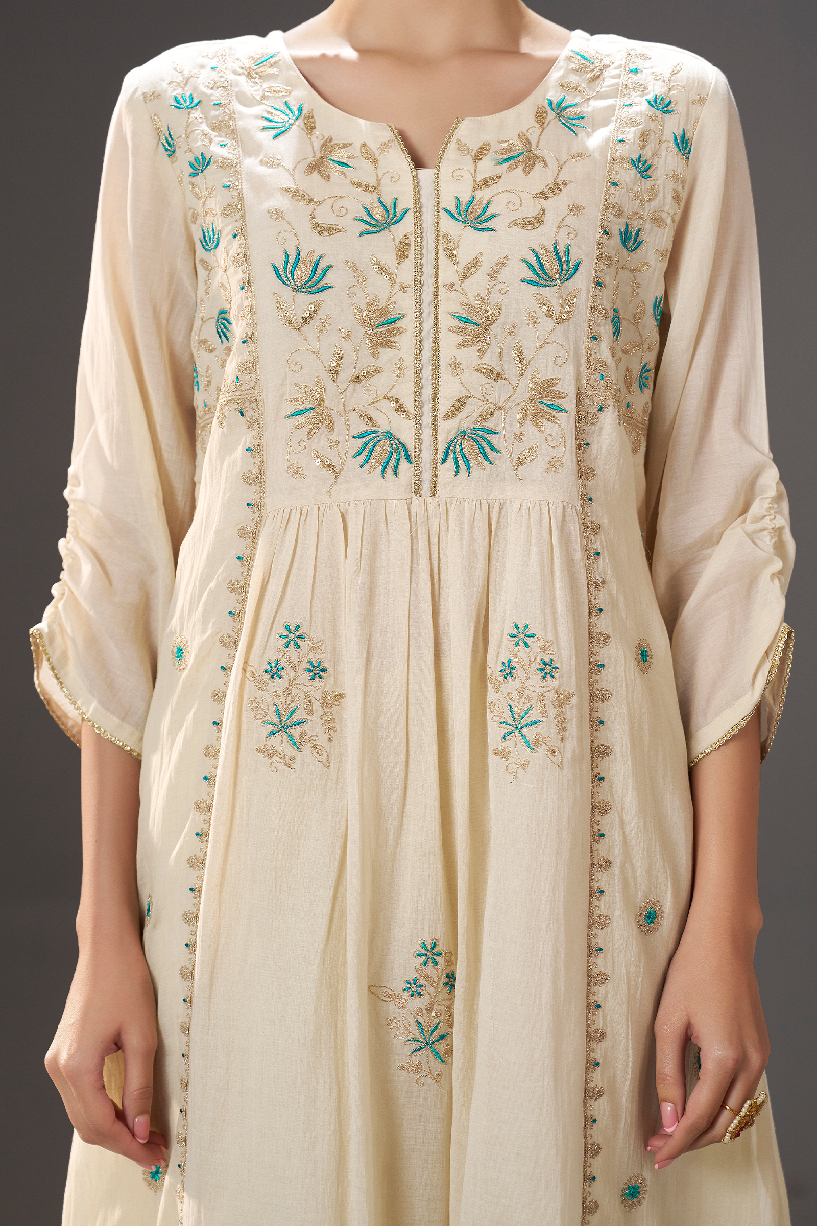 Turquoise Pearl Embroidery Kurta Set with Leheriya Dupatta