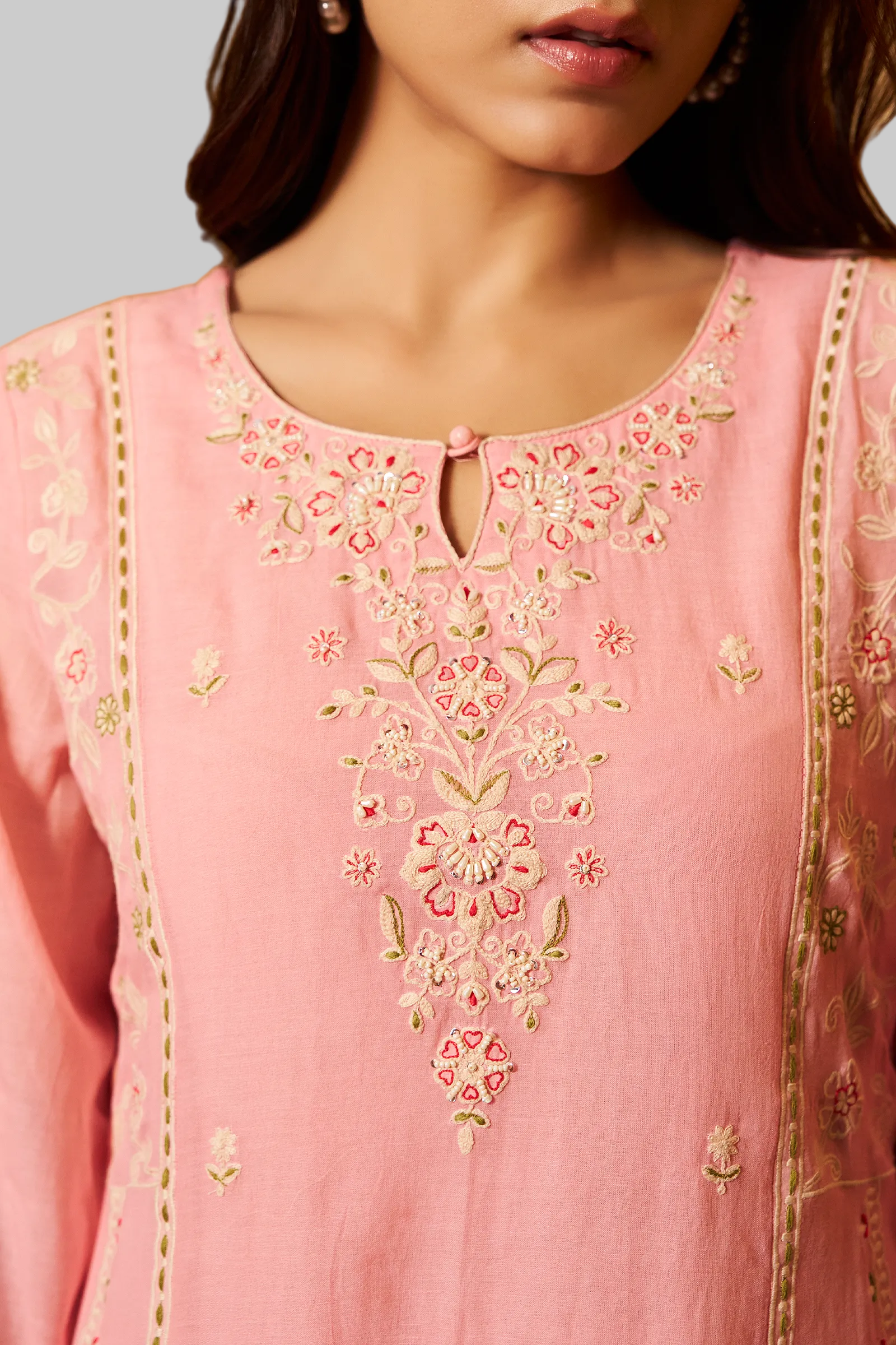 Ballet Rose Mul Chanderi A-Line Embroidery Kurta Set