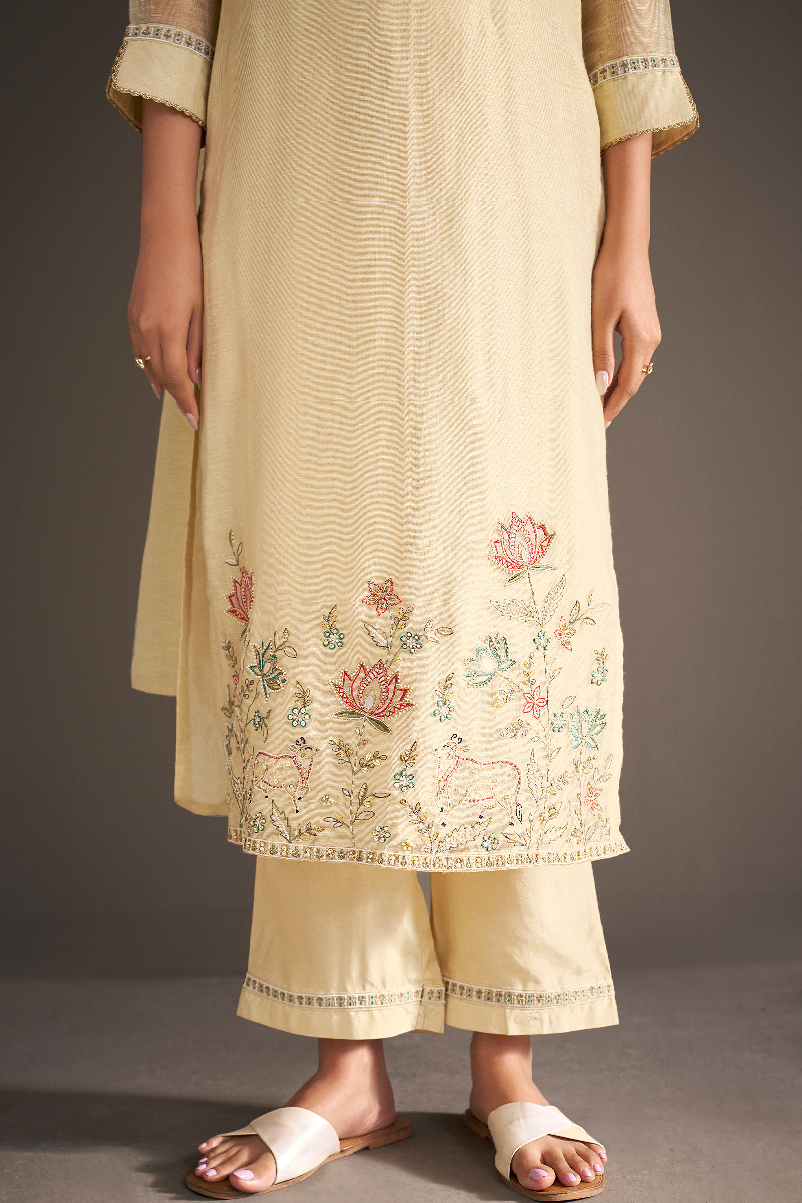 Pearl Sand Shimmer Linen Embroidered Kurta Set