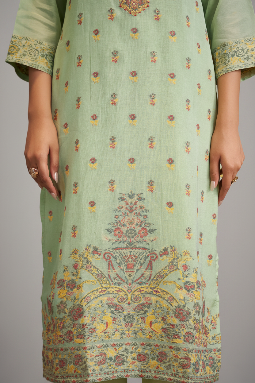 Soft Celadon Chanderi Multi-Meena Work Jacquard Kurta Set