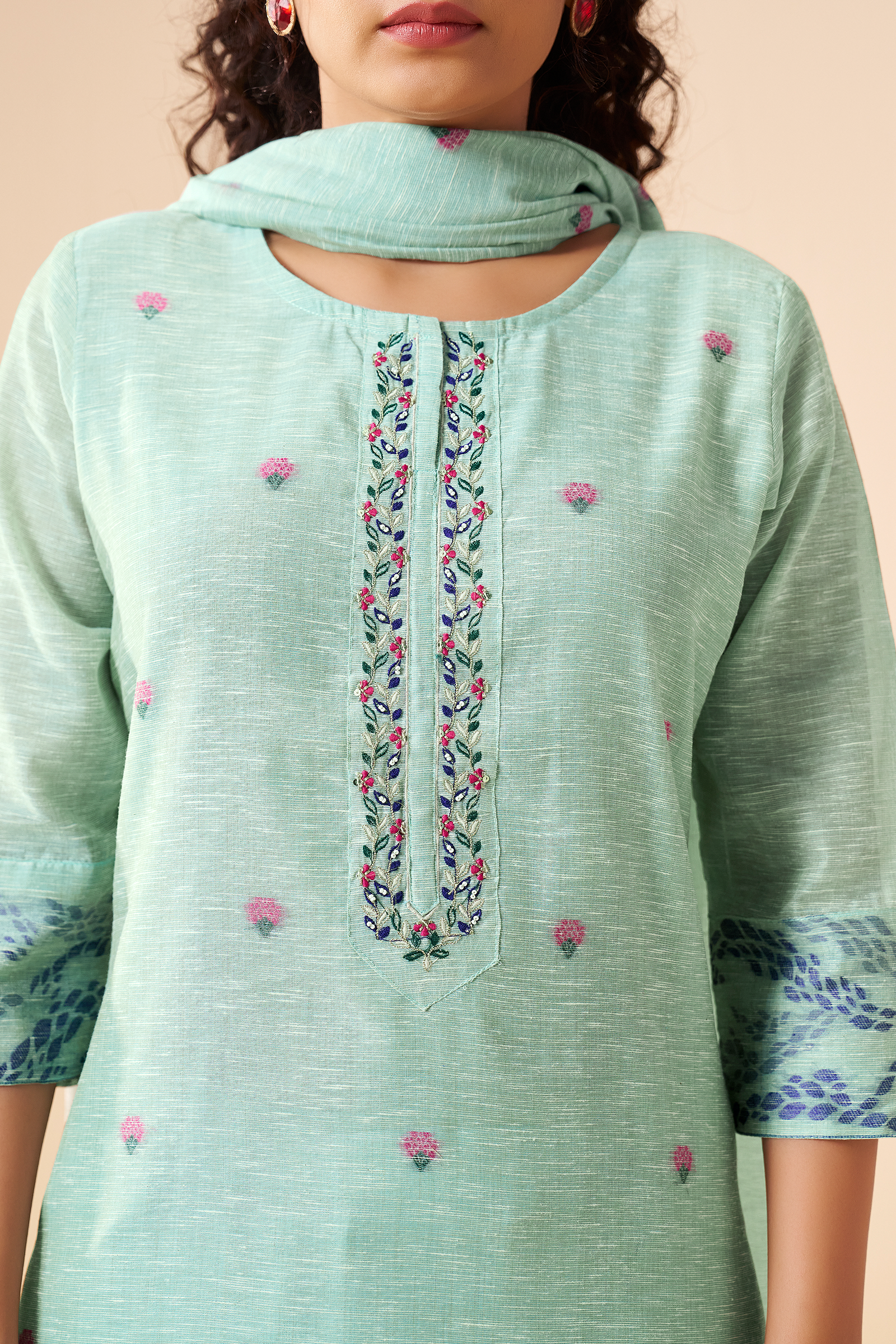 Mint Peony Linen Chanderi Jacquard Kurta Set