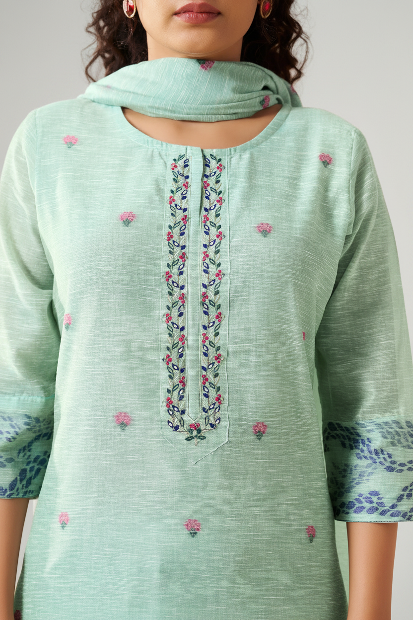 Mint Peony Linen Chanderi Jacquard Kurta Set