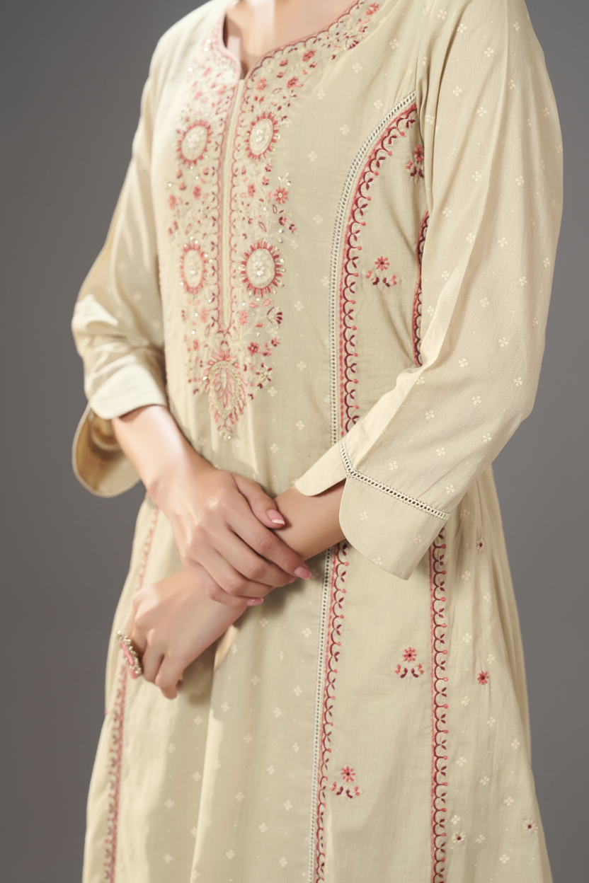 Cream Taupe Table Print Embroidered Kurta Set