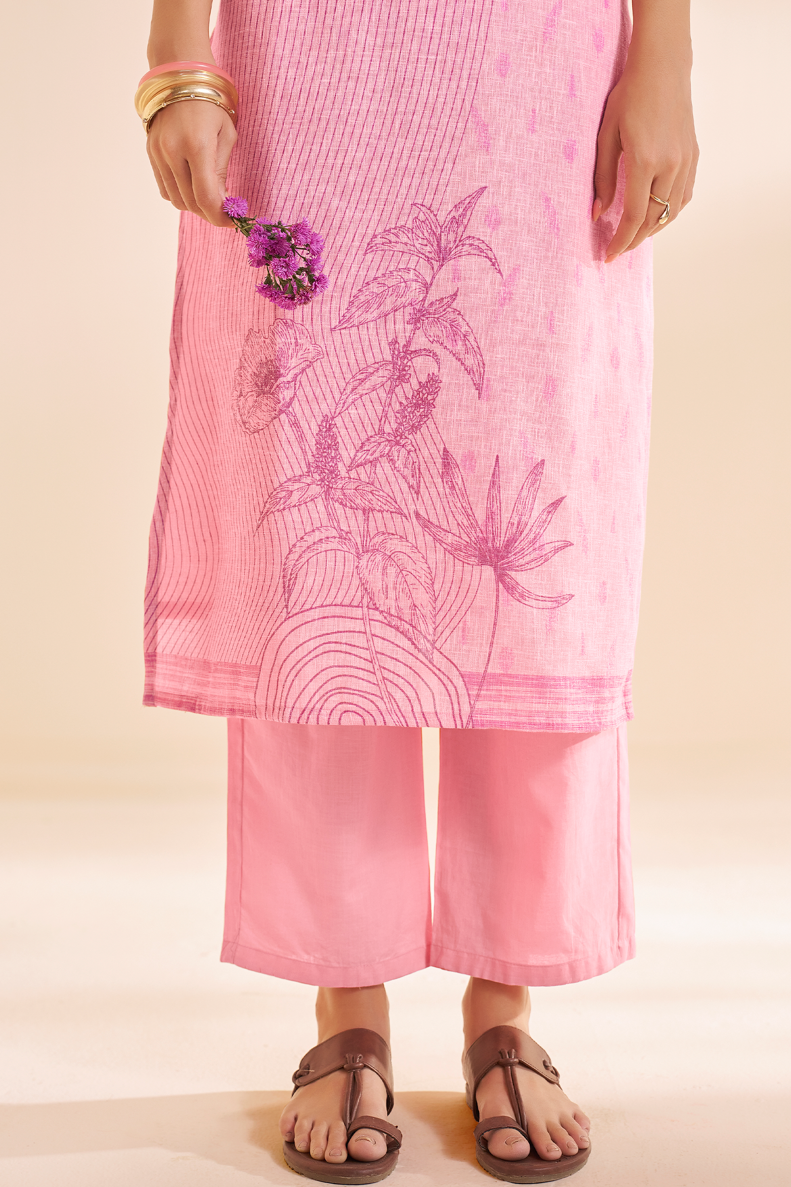 Soft Fuchsia Linen Cotton Digital Printed Kurta Set