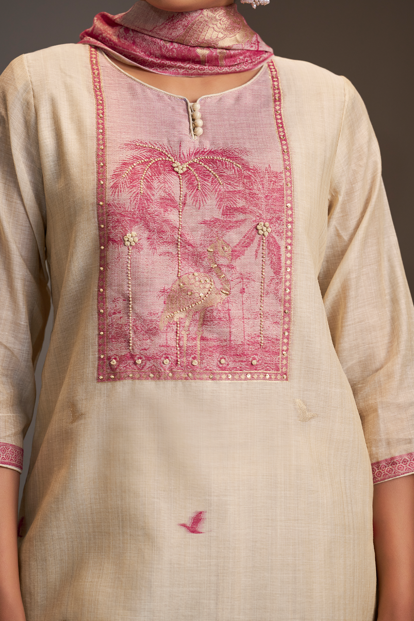 Soft Rosé Linen Chanderi Jacquard Kurta Set