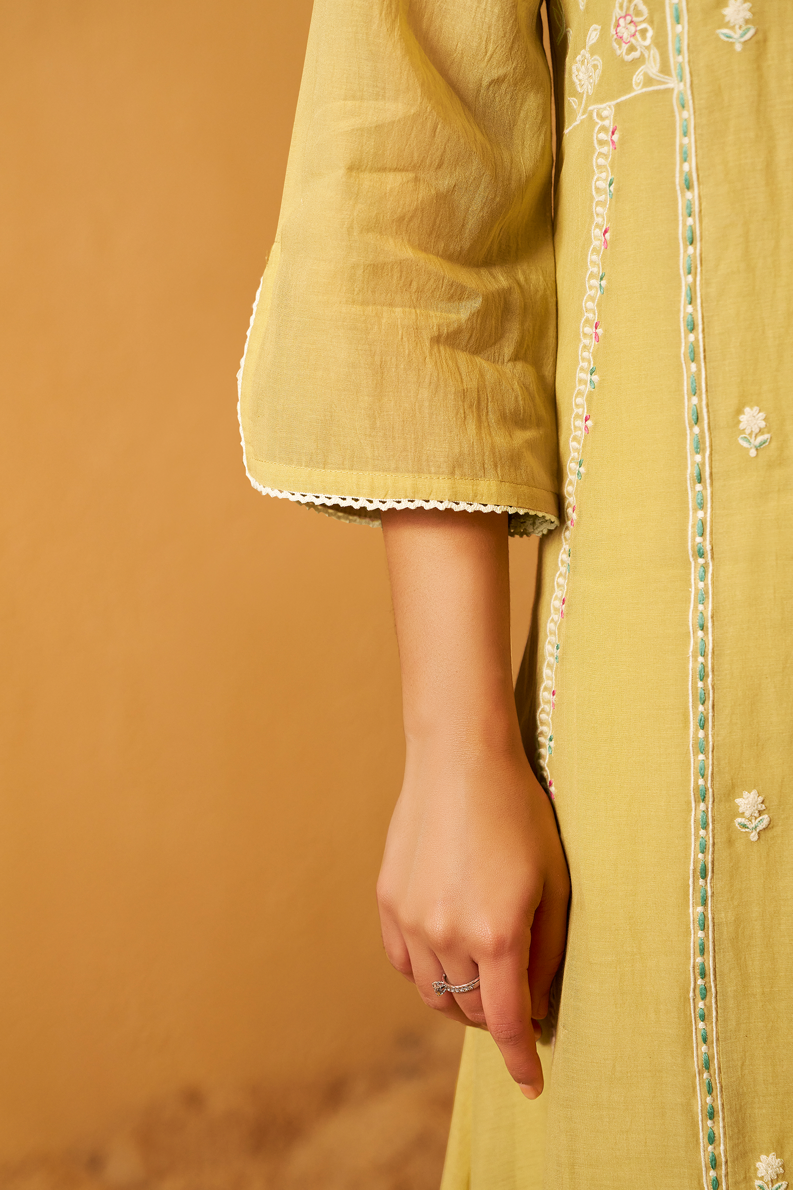 Sunlit Ochre Mul Chanderi A-Line Embroidery Kurta Set