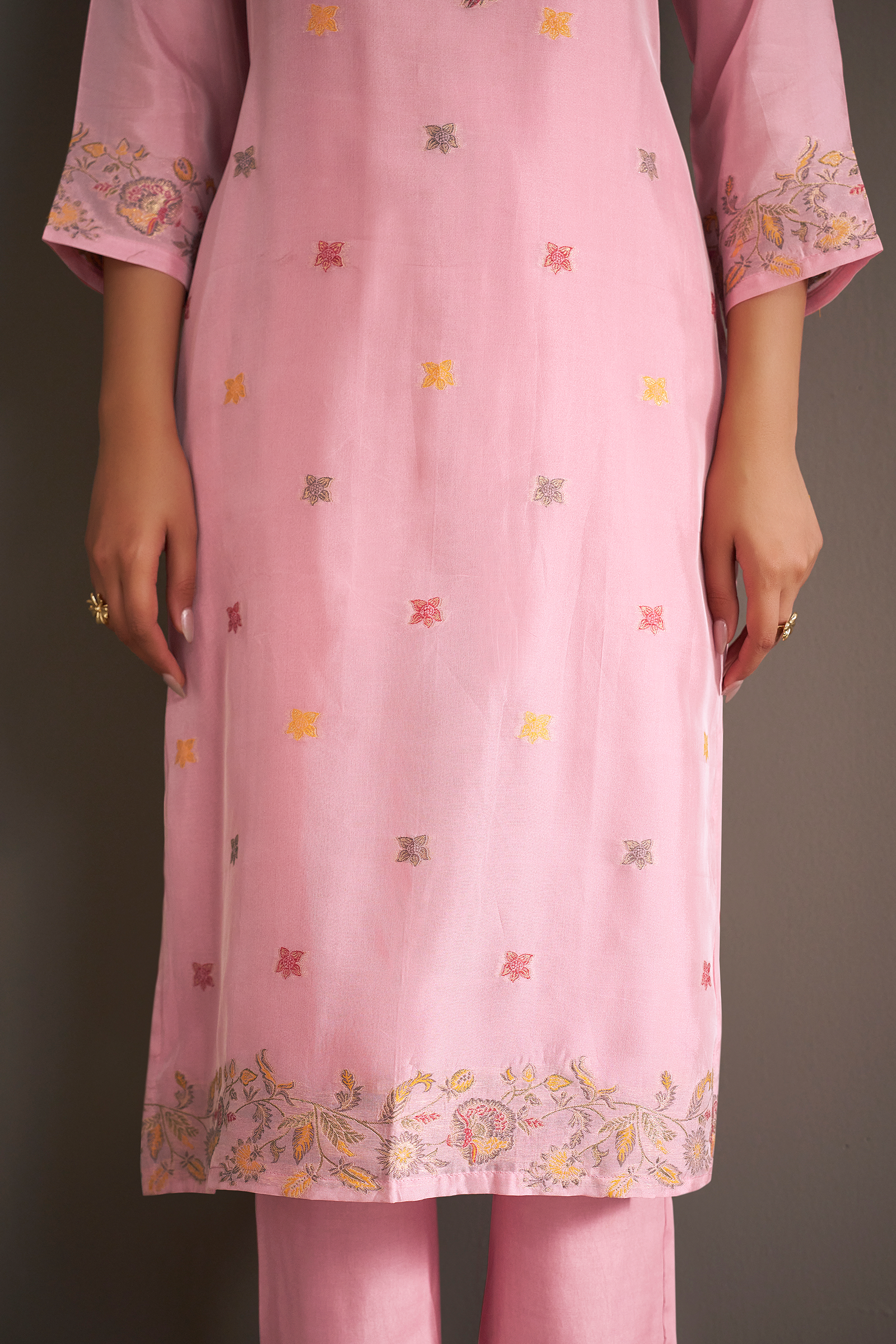 Soft Peony Chanderi Multi-Meena Work Jacquard Kurta Set