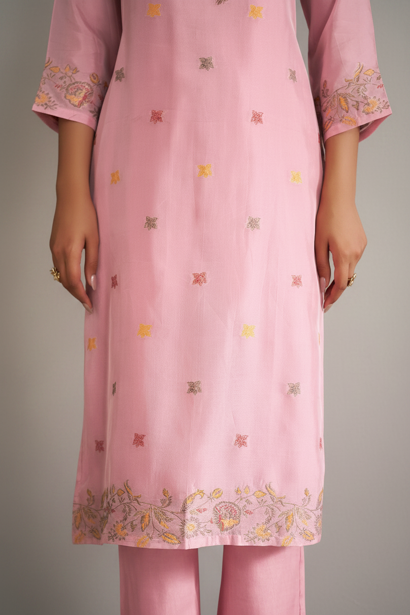 Soft Peony Chanderi Multi-Meena Work Jacquard Kurta Set