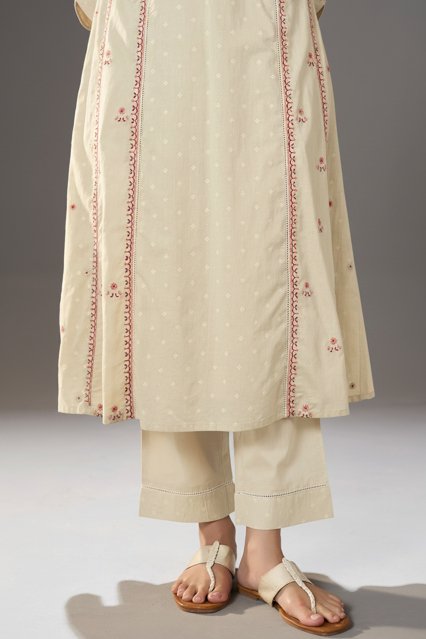 Cream Taupe Table Print Embroidered Kurta Set
