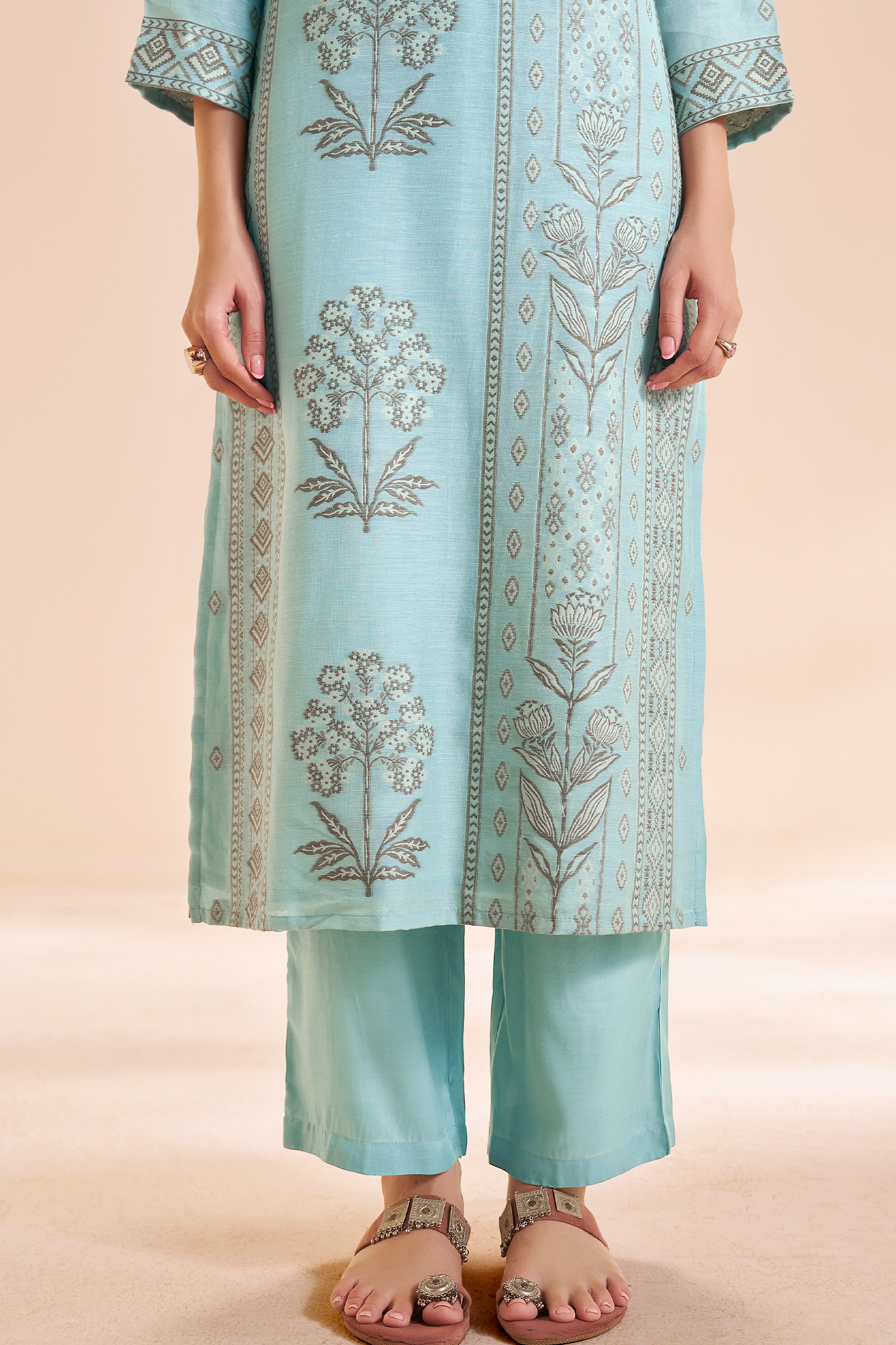 Powder Aqua Botanica Linen Jacquard Kurta set