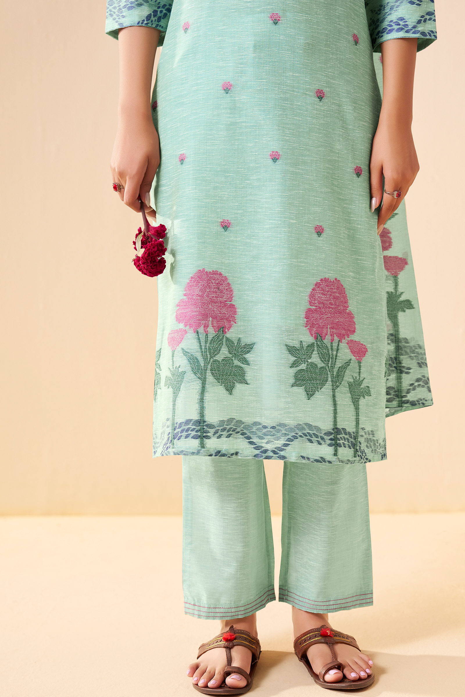 Mint Peony Linen Chanderi Jacquard Kurta Set
