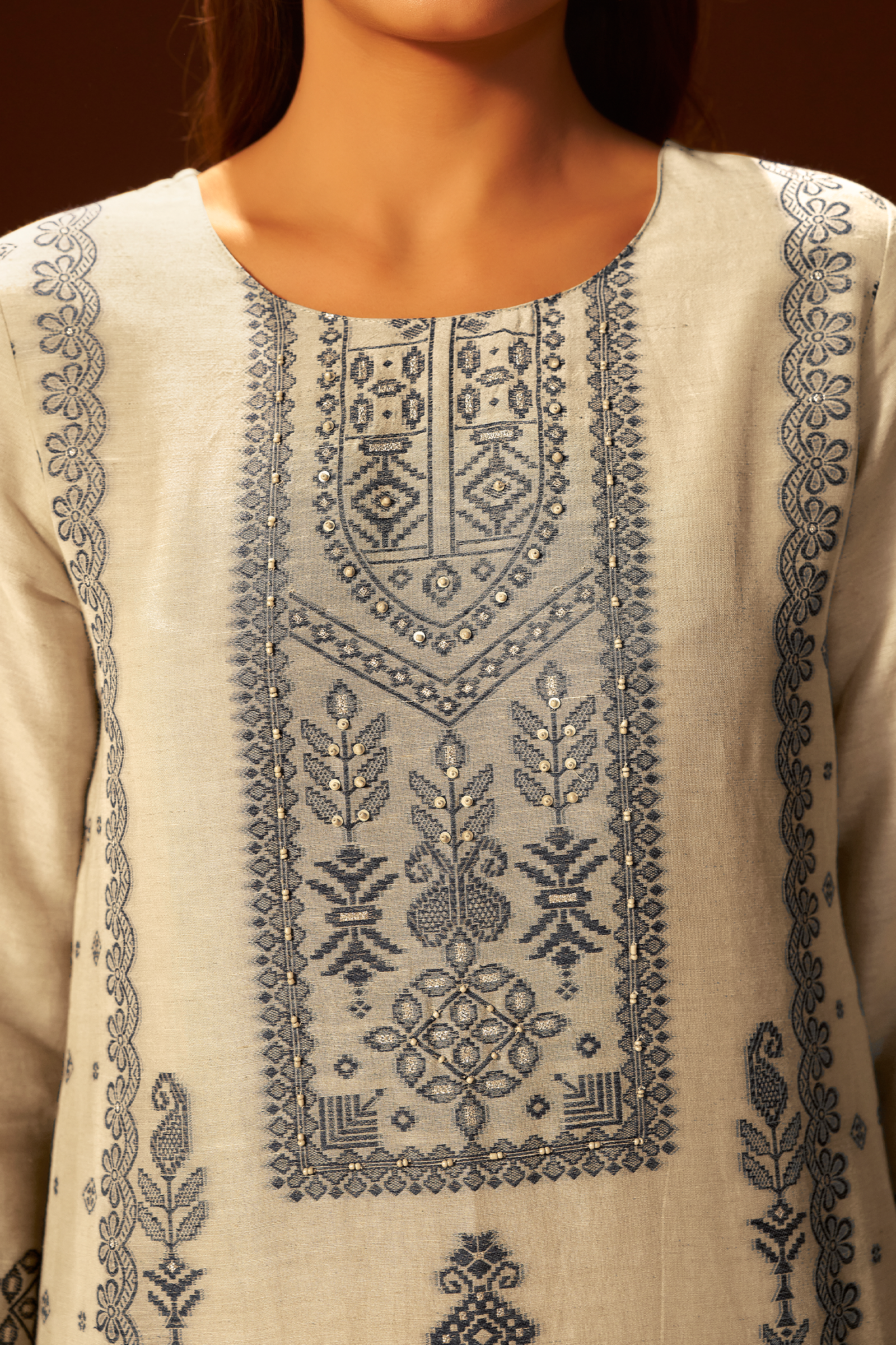 Moonstone Ivory Linen Jacquard Kurta Set