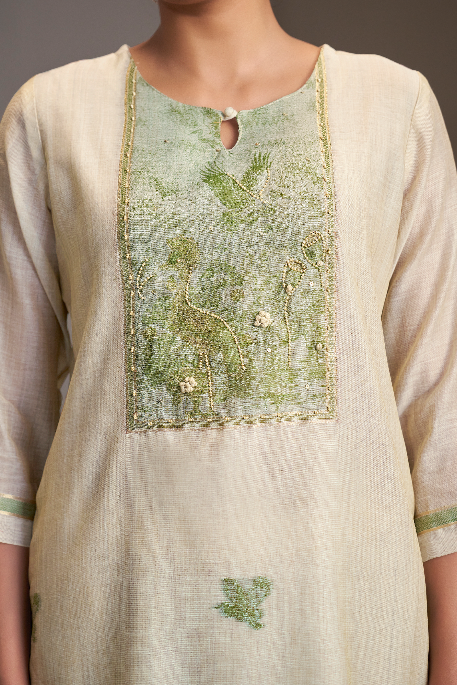 Sagewood Ivory Linen Chanderi Jacquard Kurta Set
