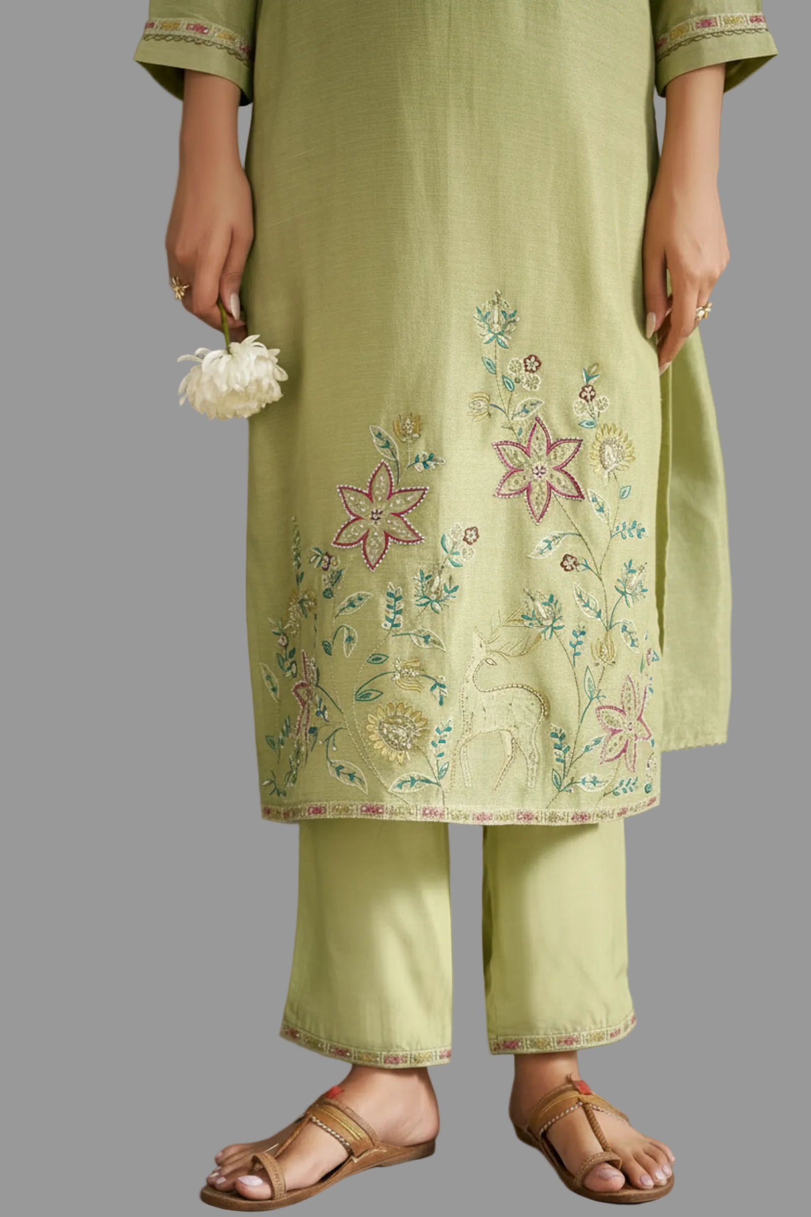 Soft Olive Shimmer Linen Embroidered Kurta Set
