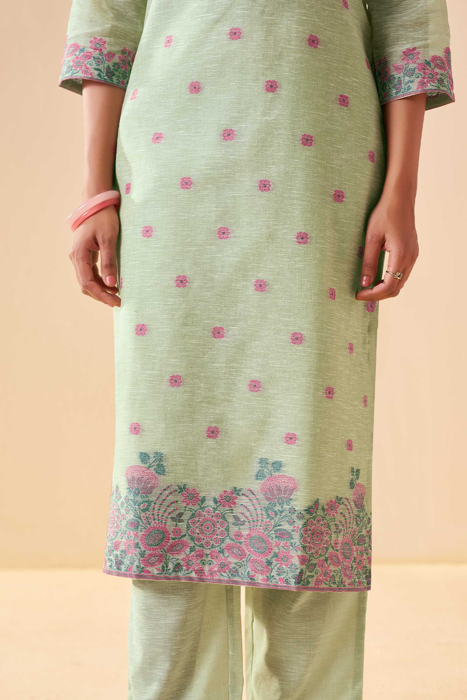Blooming Pistachio Linen Chanderi Jacquard Kurta Set