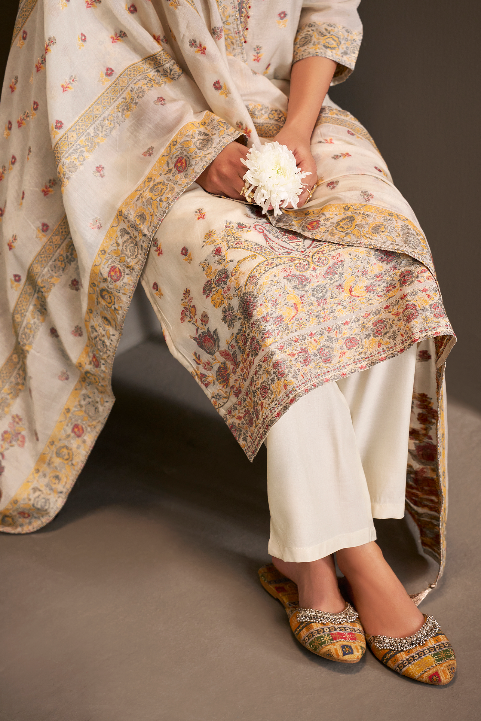 Cream Gold Chanderi Multi-Meena Jacquard Kurta Set