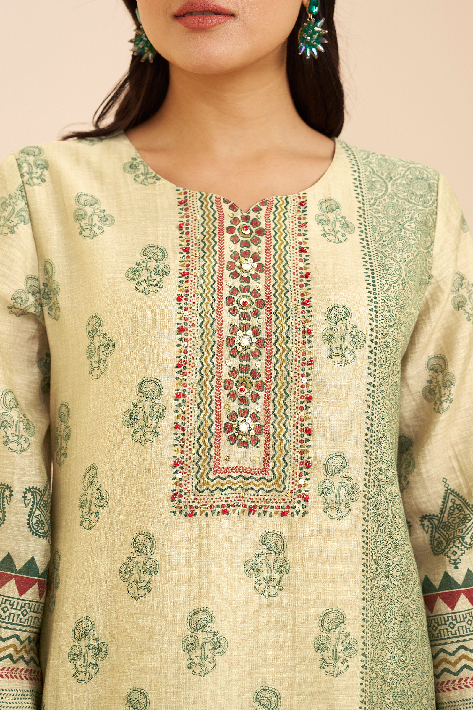 Pistachio Sage Shimmer linen Digital printed Kurta Set
