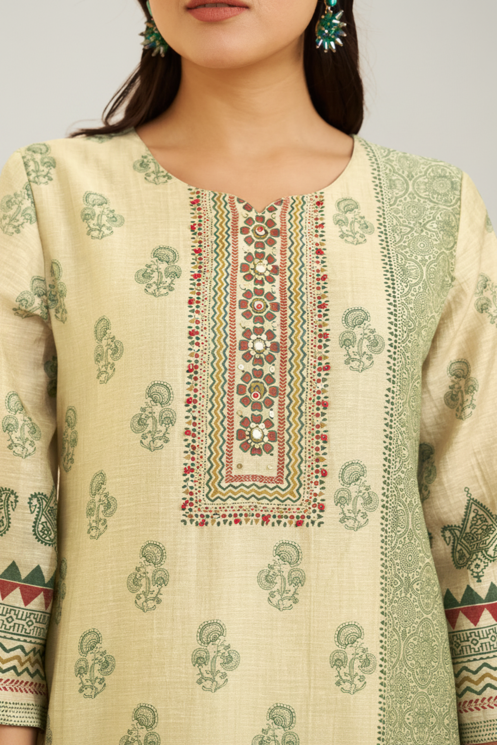 Pistachio Sage Shimmer linen Digital printed Kurta Set