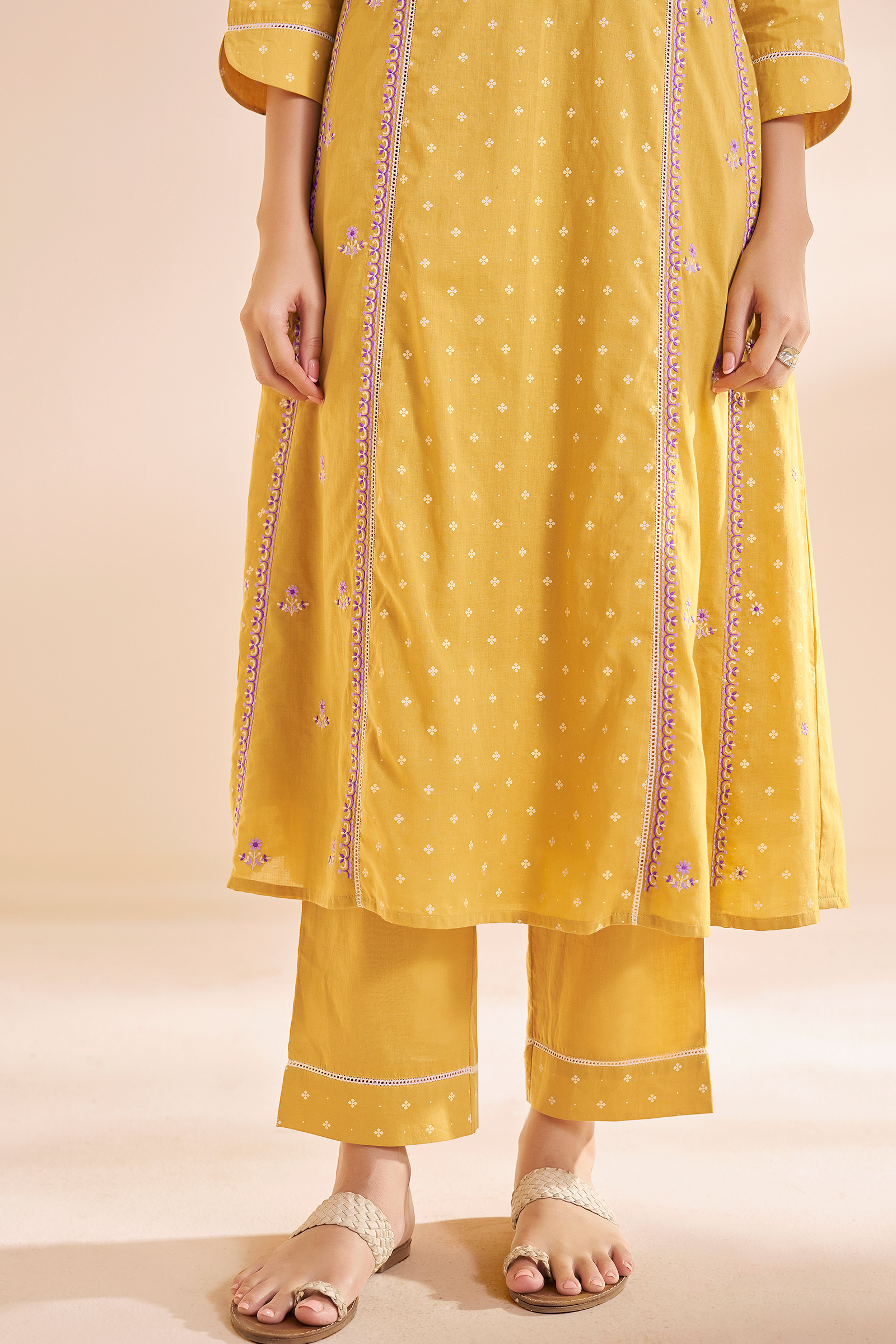 Golden Mimosa Table Print Embroidered Kurta Set