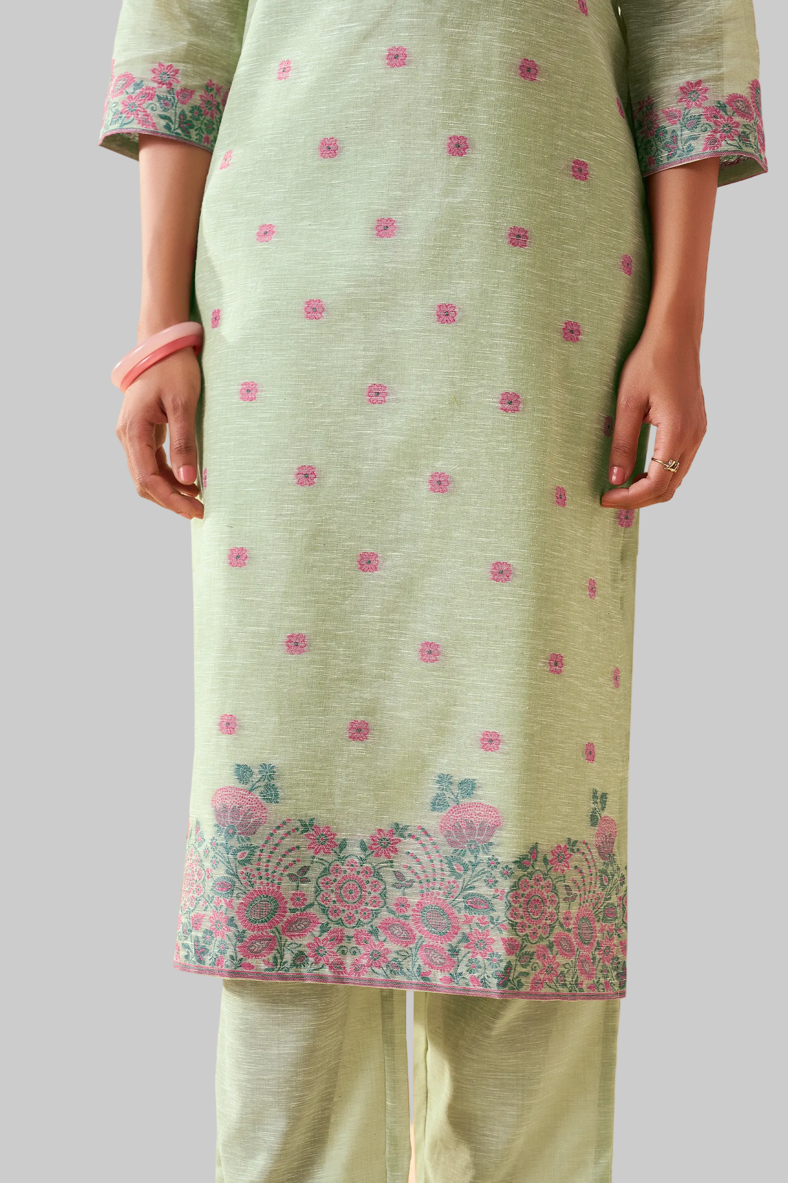 Blooming Pistachio Linen Chanderi Jacquard Kurta Set