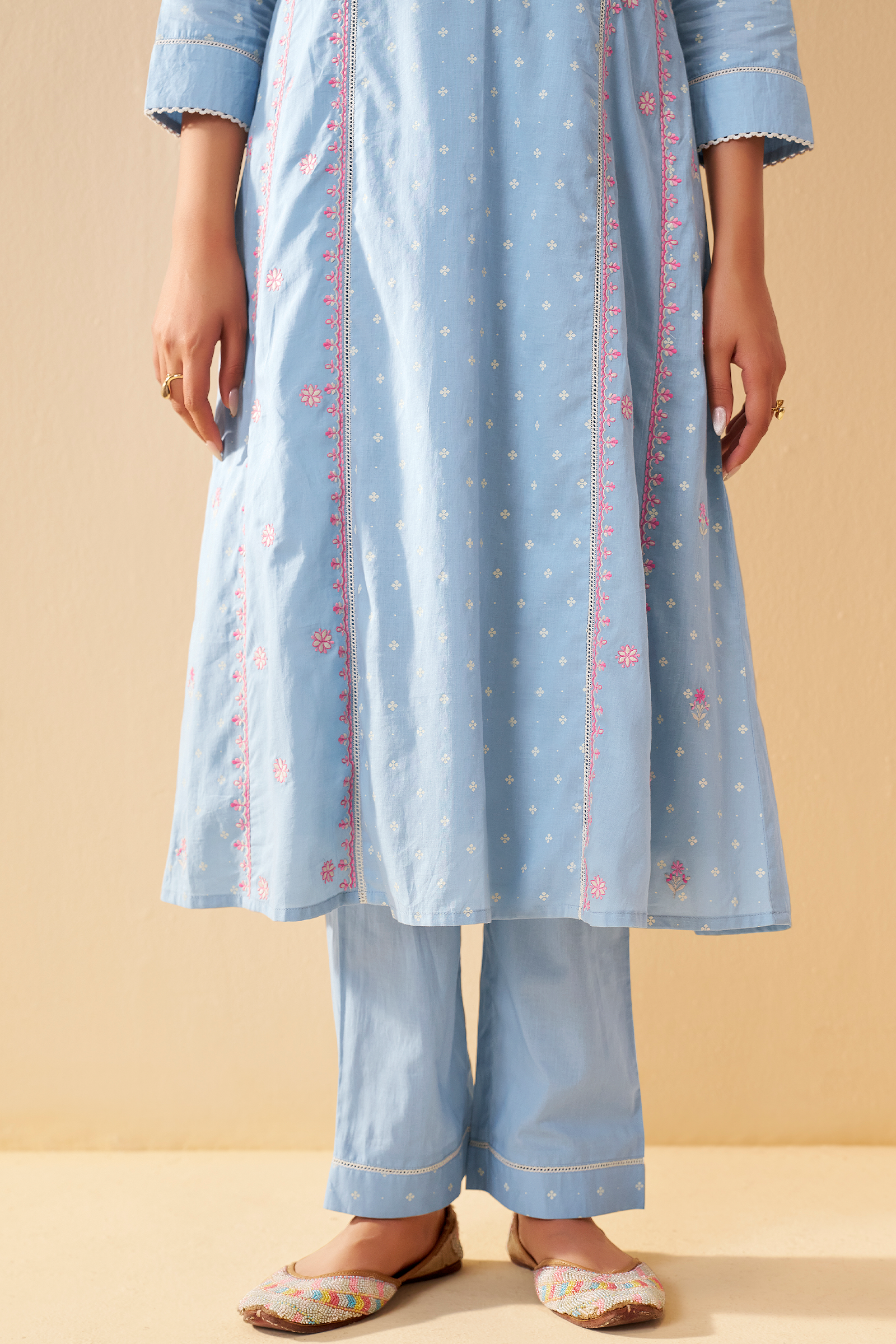 Pastel Sky Table Print Embroidered Kurta Set