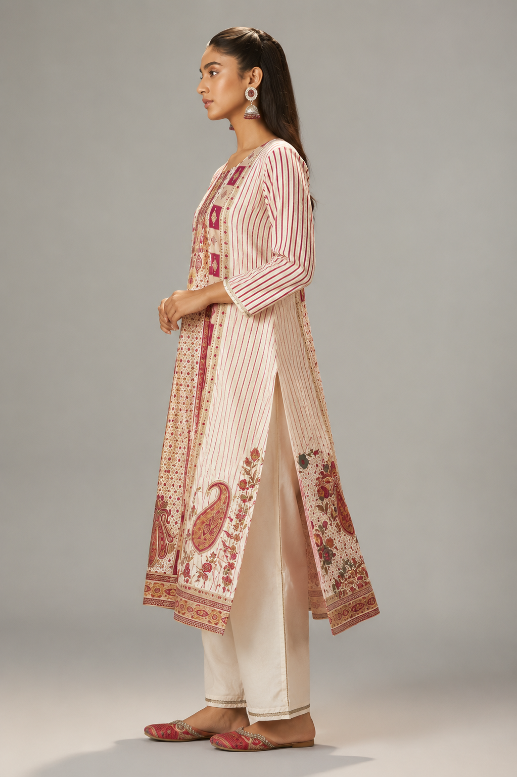 Rose-tinted Cream Position Print Viscose Jacquard Kurta Set