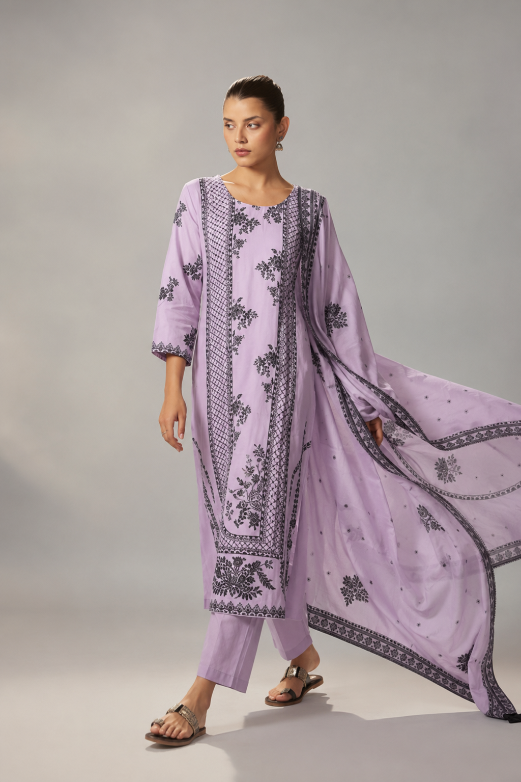 Wisteria Lavender Muslin Black Jacquard Kurta Set