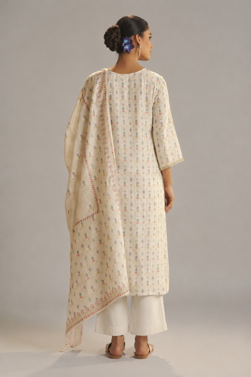 Pearl Cream Position Print Viscose Jacquard Kurta Set