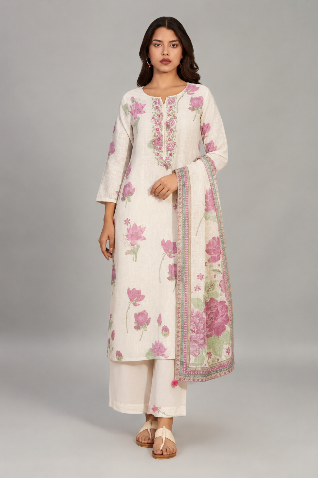Digital Printed & Embroidered Floral Cotton Linen Kurta Set