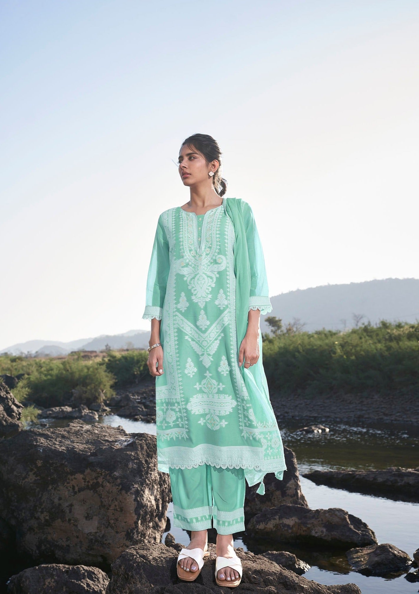 Aqua Essence Chanderi Silk Kurta Set-fourbuttons-in