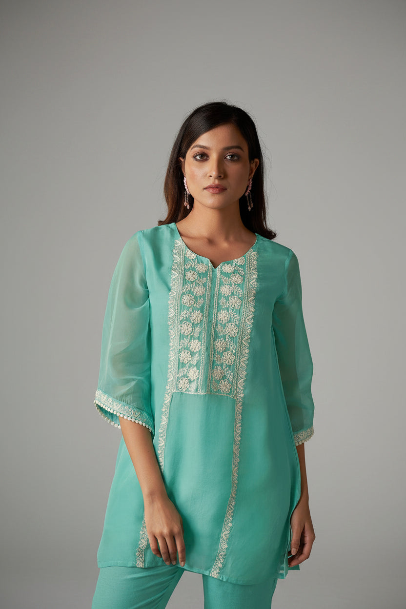 Azure Allure Organza Embroidered Co-ords