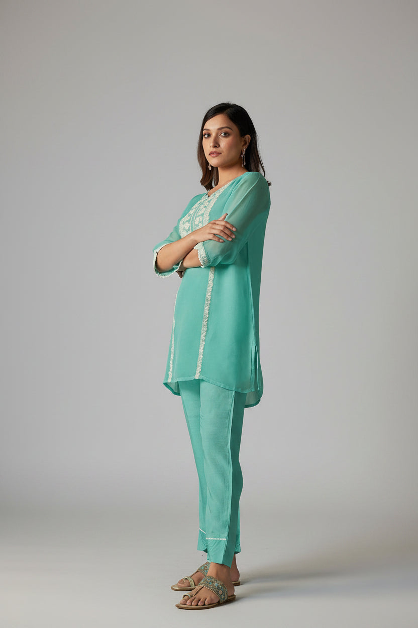 Azure Allure Organza Embroidered Co-ords