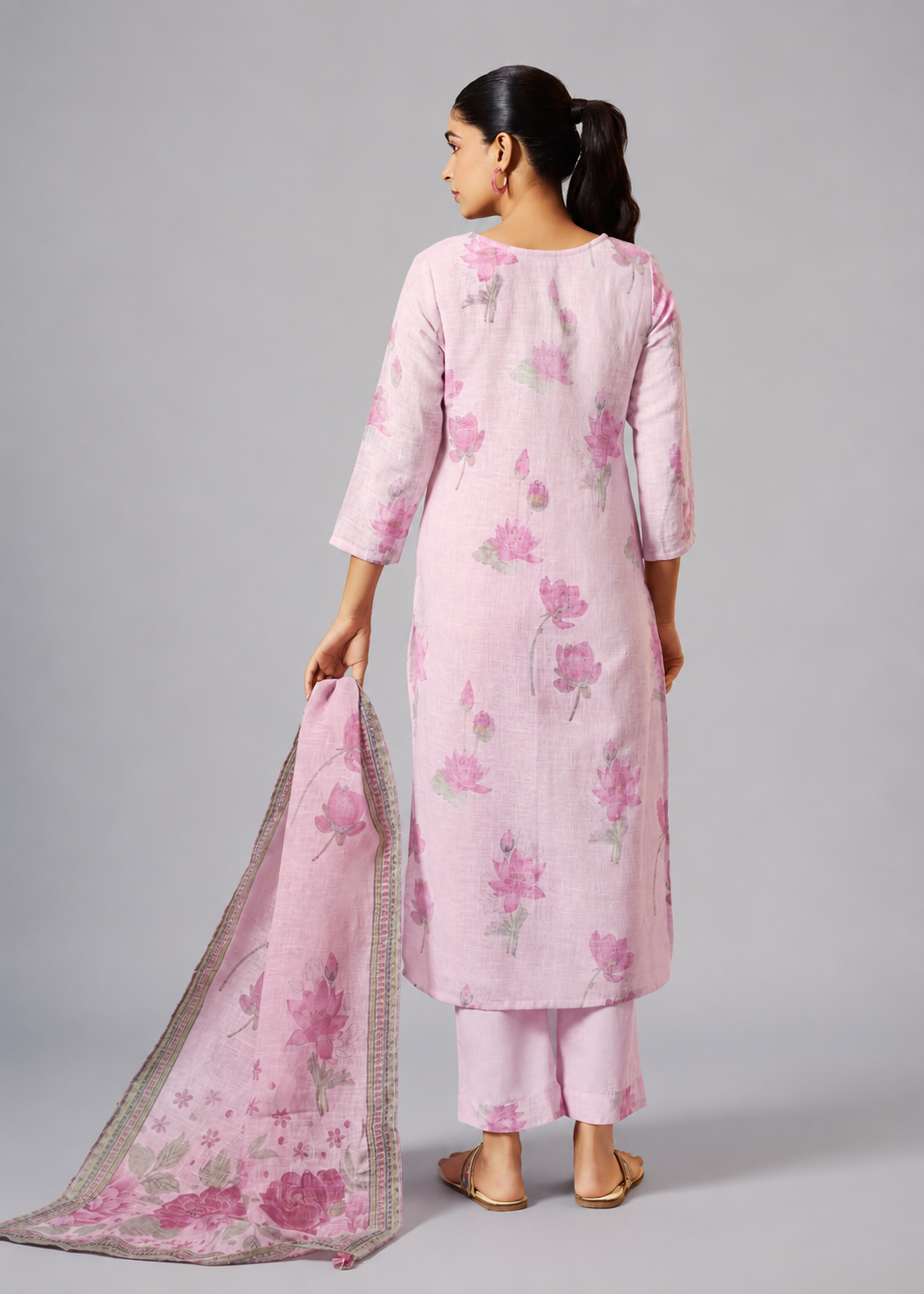 Pink Poly Linen Digital Print Kurta Set with Cotton Bottom & Dupatta