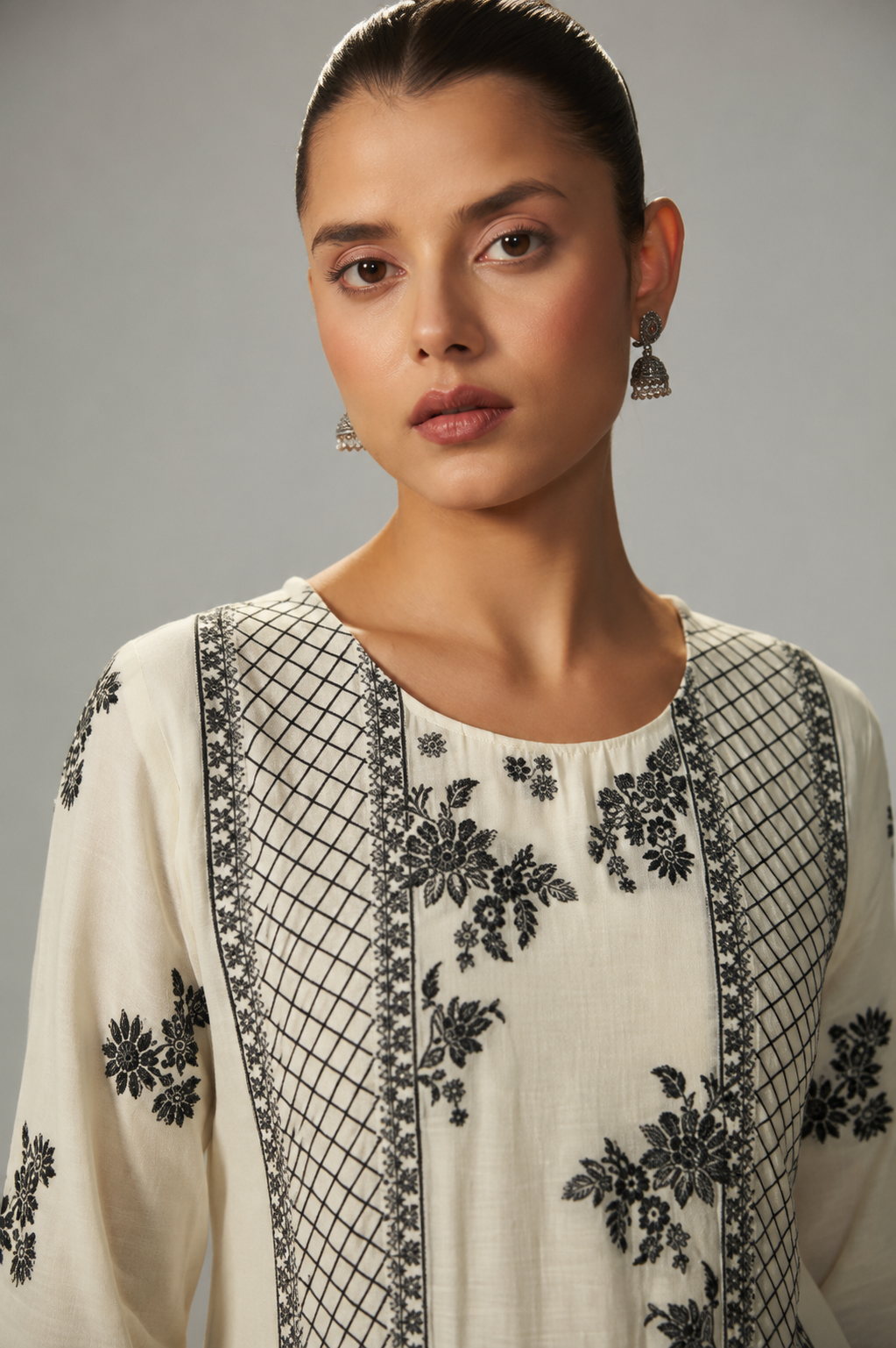 Neutral Cream Muslin Black Jacquard Kurta Set