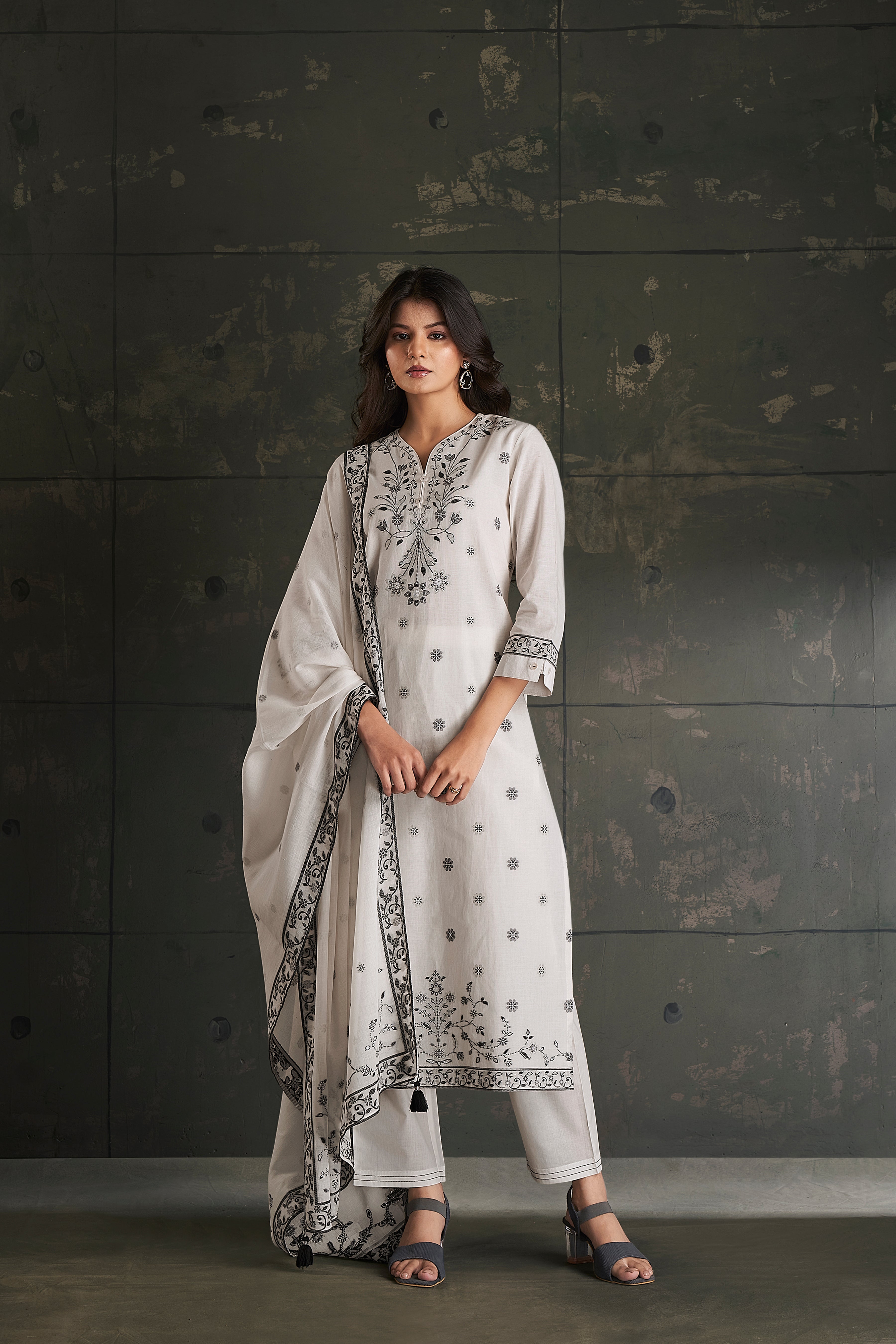 Beige Cotton Kurta Set-fourbuttons-in