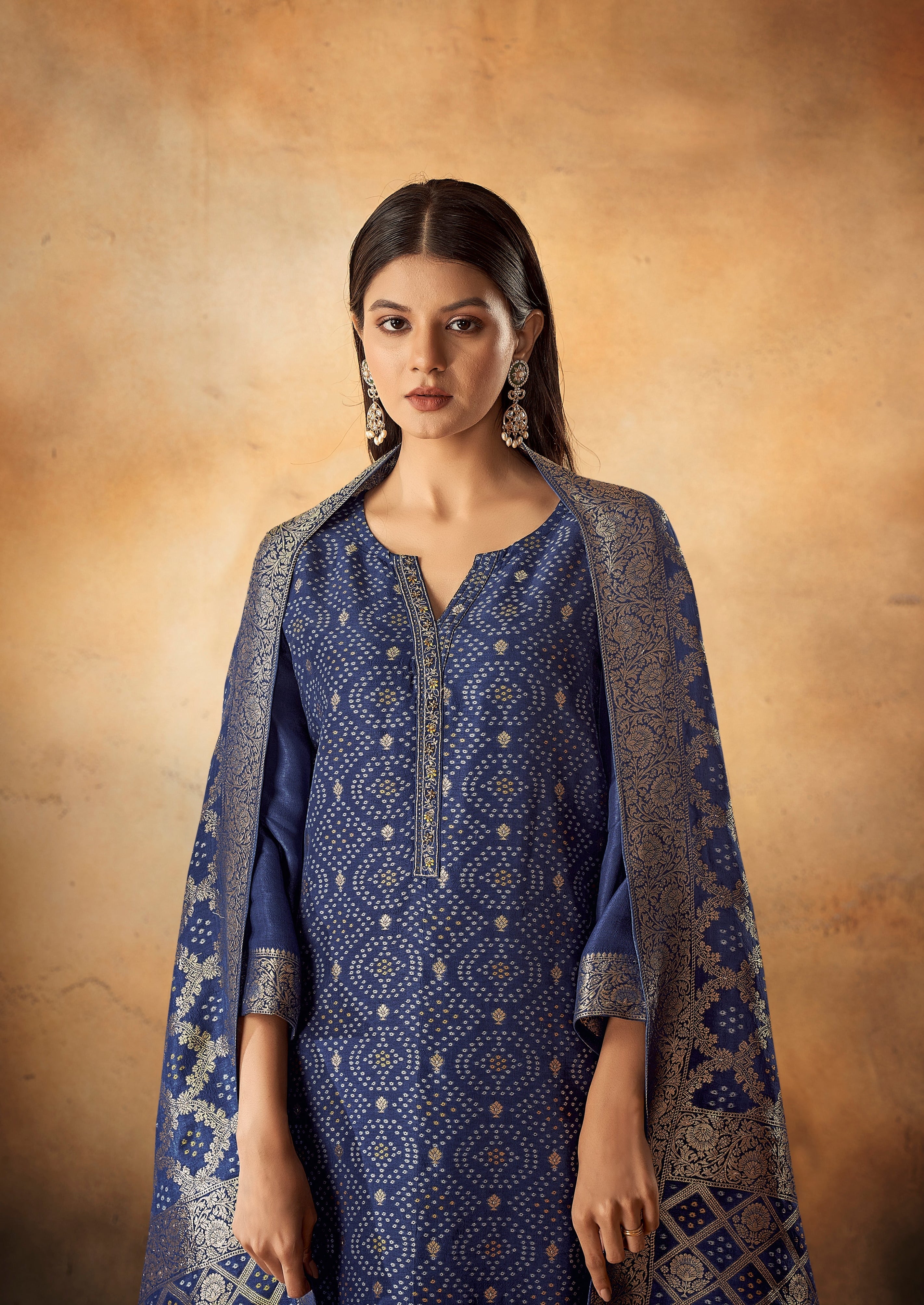 Blue Bandhani Woven Silk Kurta Set-fourbuttons-in