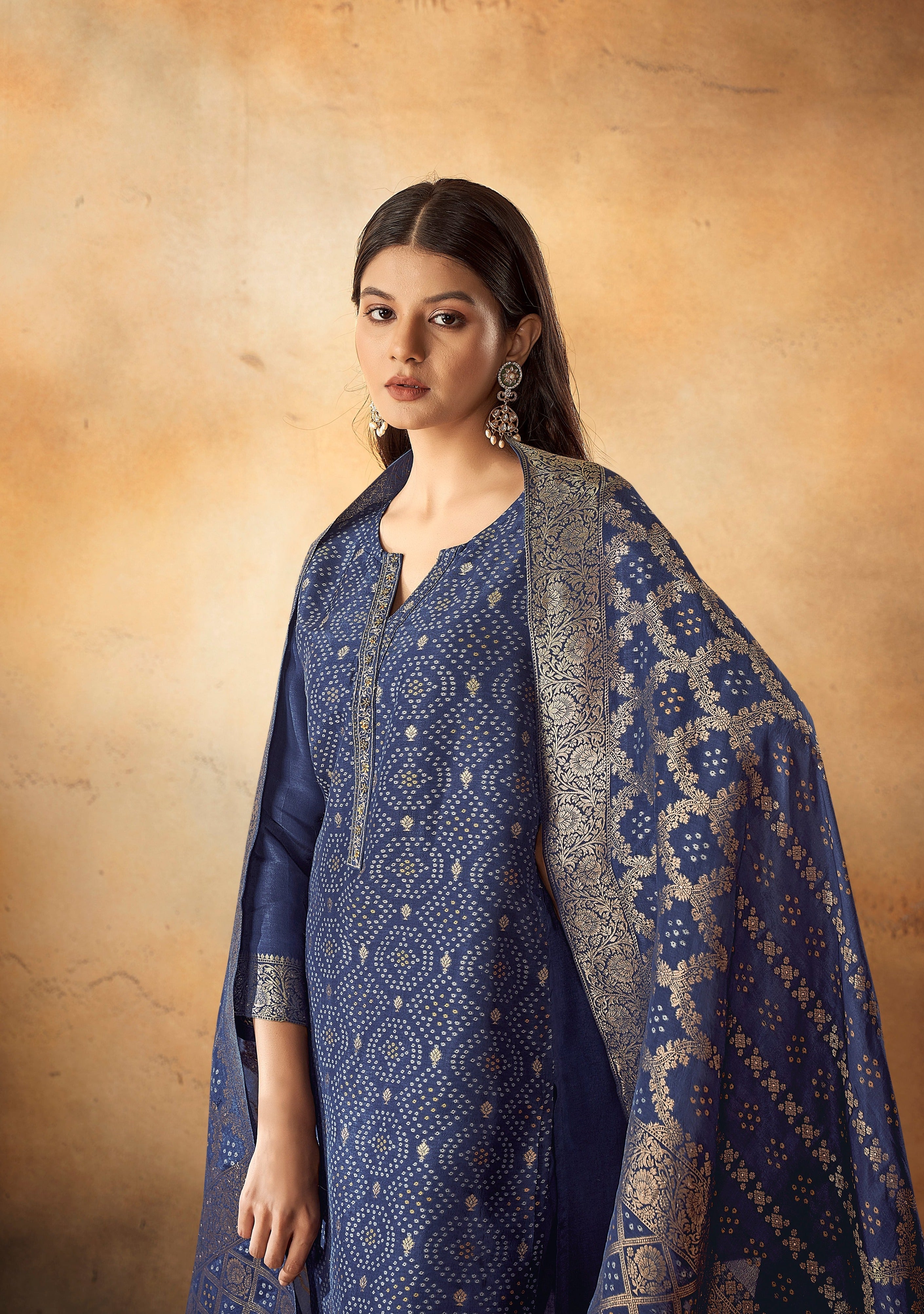 Blue Bandhani Woven Silk Kurta Set-fourbuttons-in