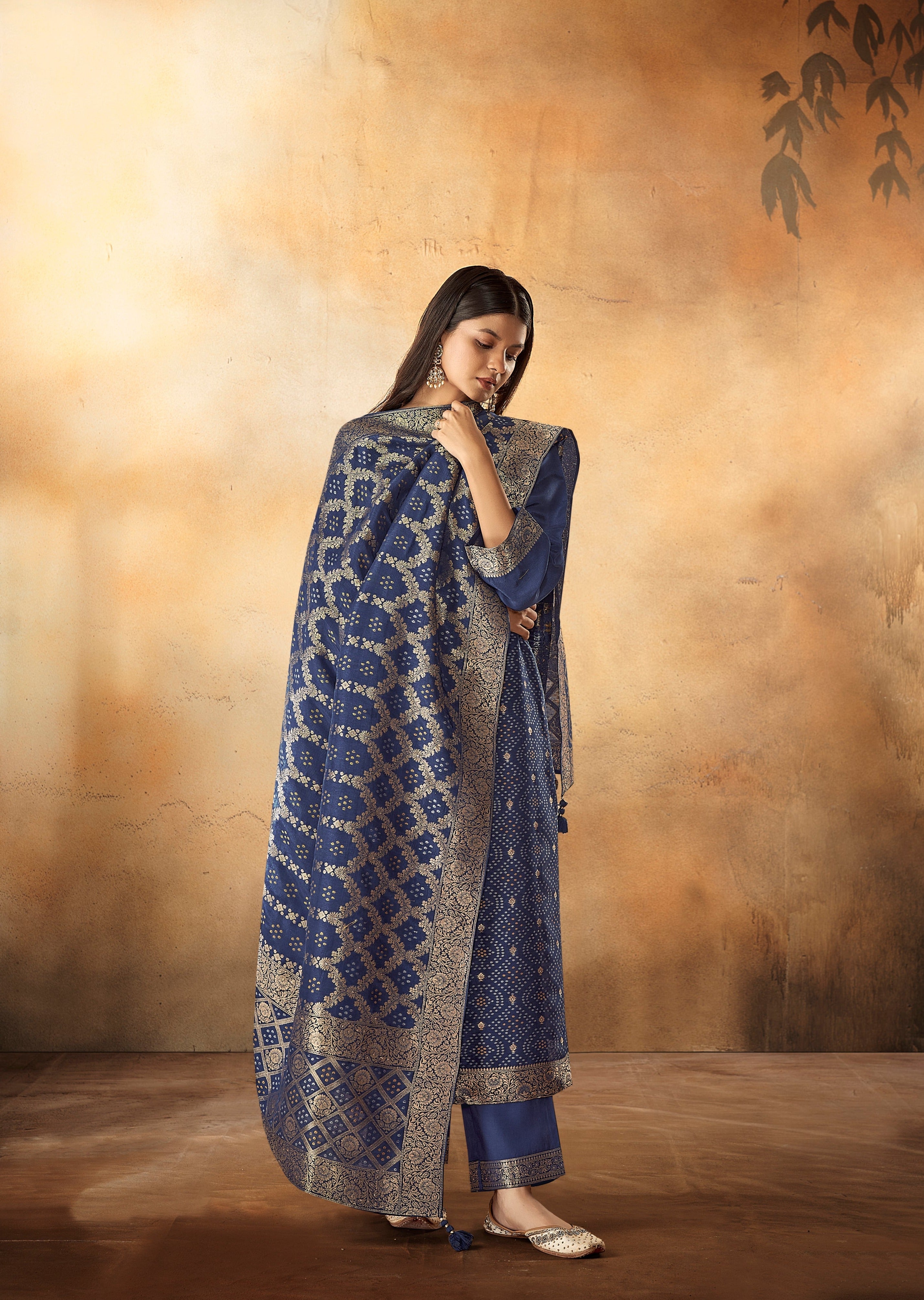 Blue Bandhani Woven Silk Kurta Set-fourbuttons-in