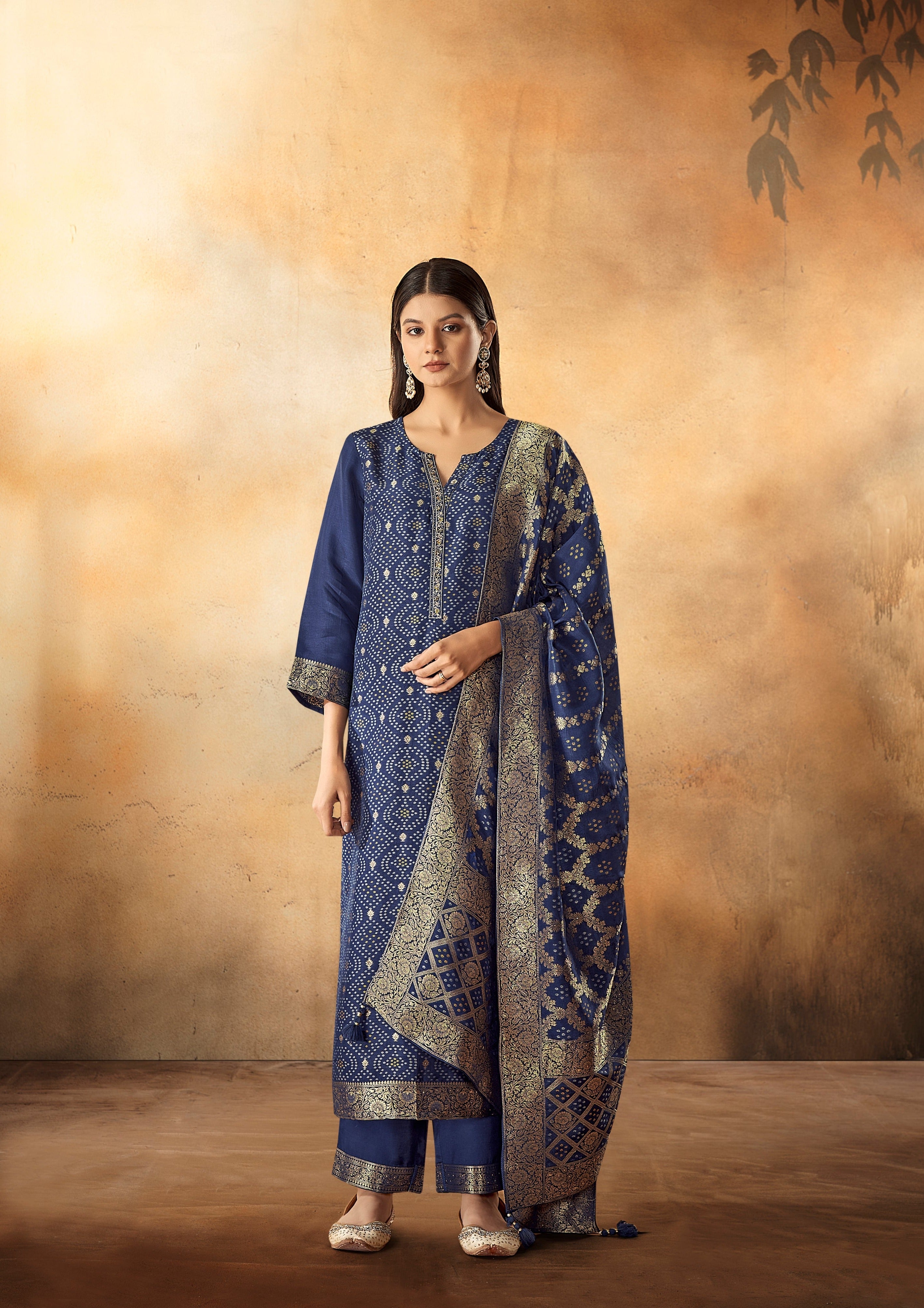 Blue Bandhani Woven Silk Kurta Set-fourbuttons-in