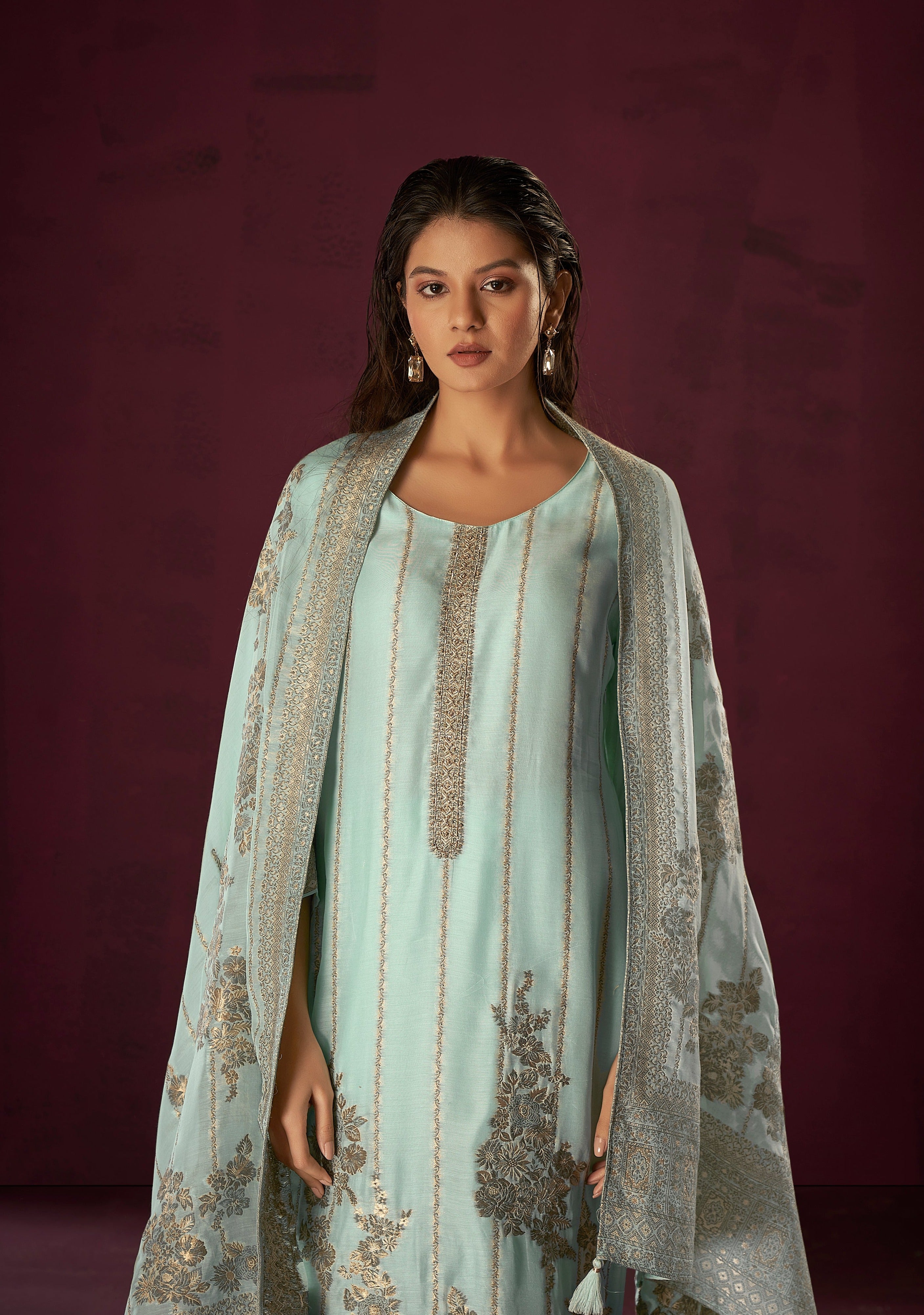 Blue Chanderi Silk Kurta Set-fourbuttons-in