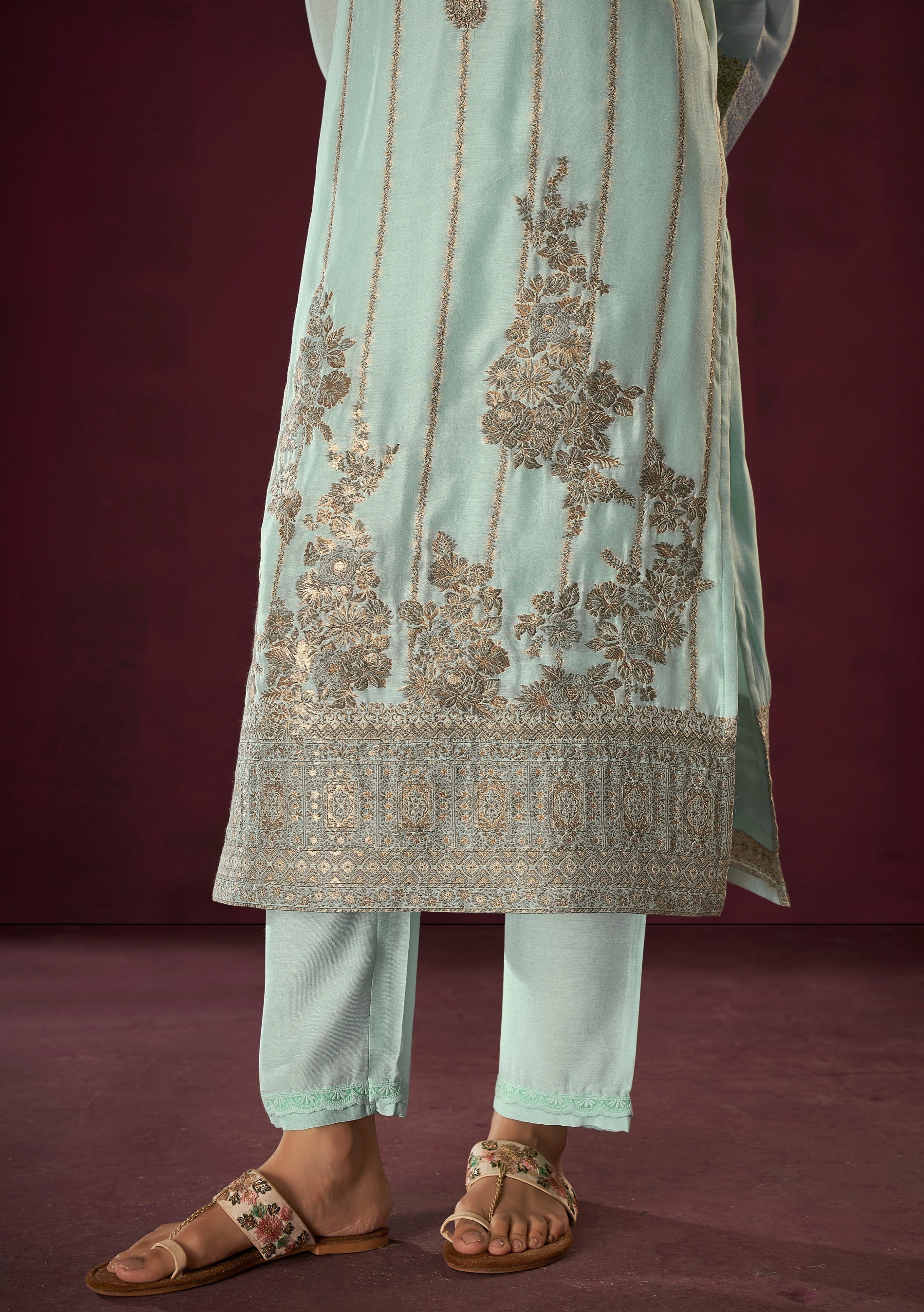 Blue Chanderi Silk Kurta Set-fourbuttons-in