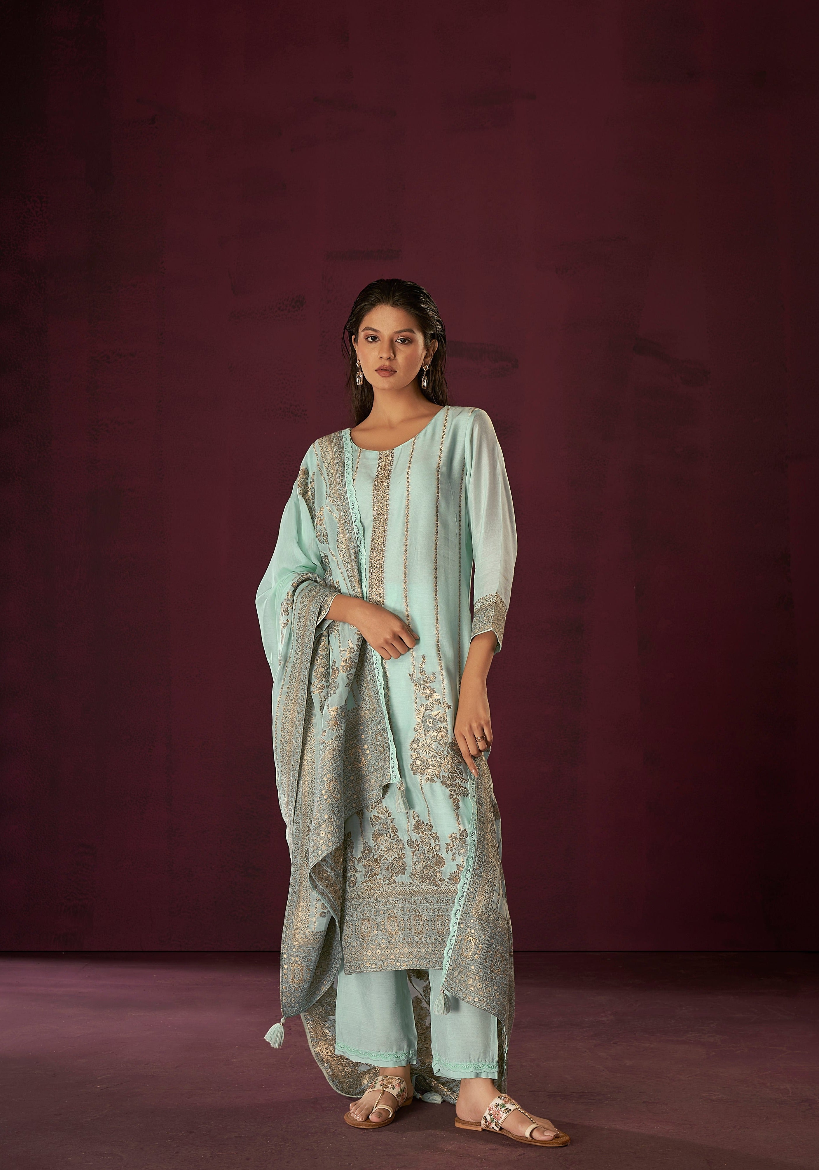 Blue Chanderi Silk Kurta Set-fourbuttons-in