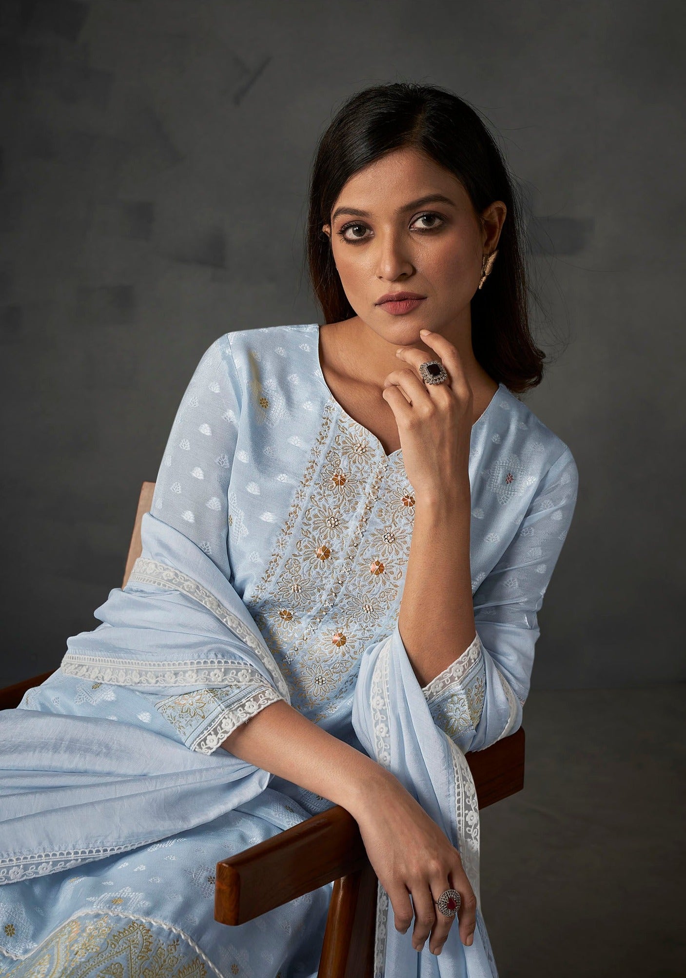 Blue Heaven White Woven Kurta Set-fourbuttons-in