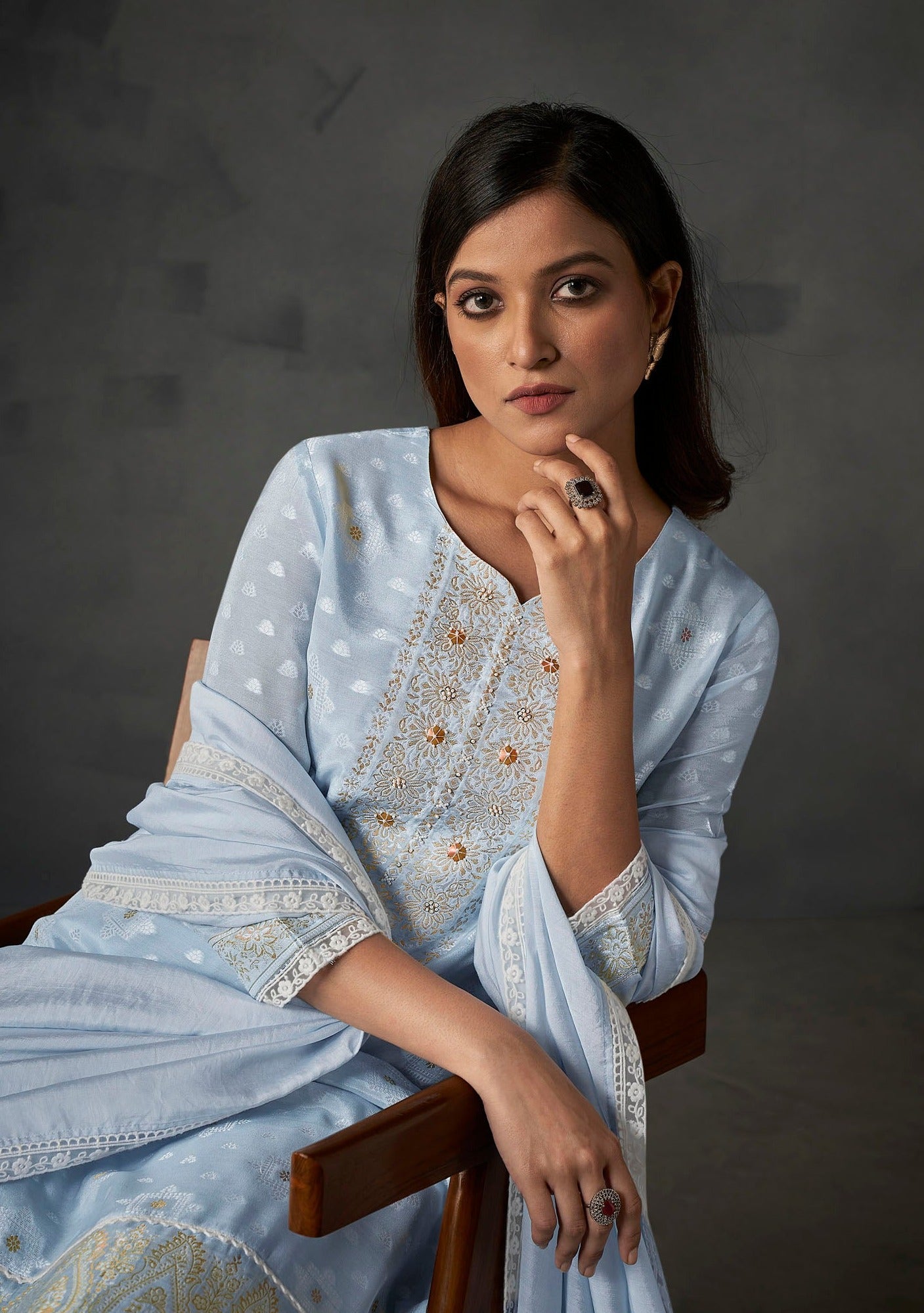 Blue Heaven White Woven Kurta Set-fourbuttons-in